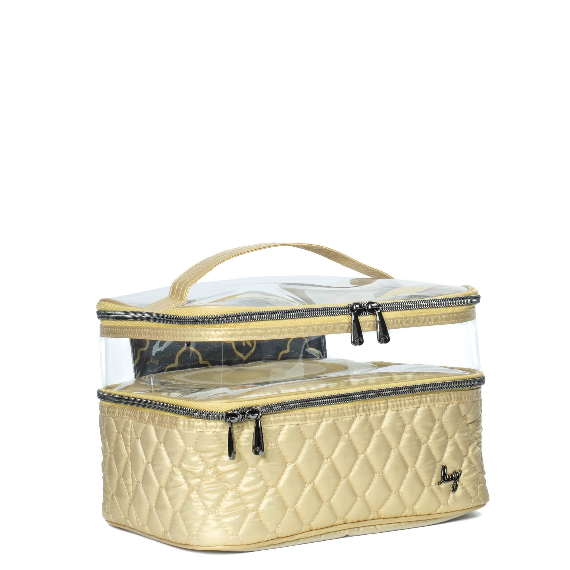 Lug Whoosh Clearview cosmetic case in metallic gold with transparent panels and multiple compartments for beauty essentials.