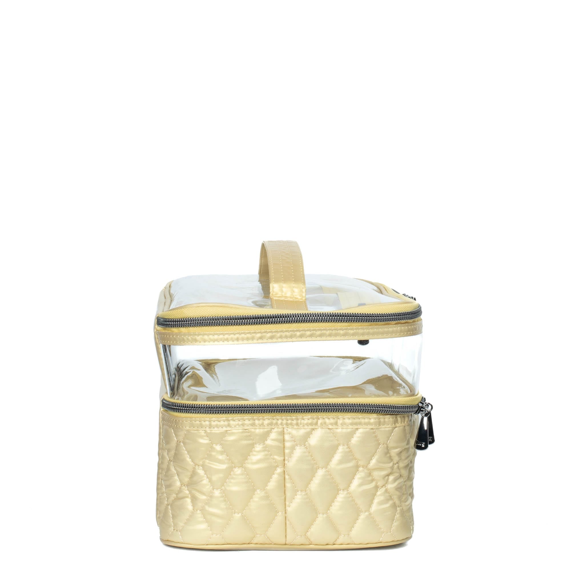 Lug Whoosh Clearview metallic gold cosmetic case with transparent compartments for organizing makeup and beauty essentials.