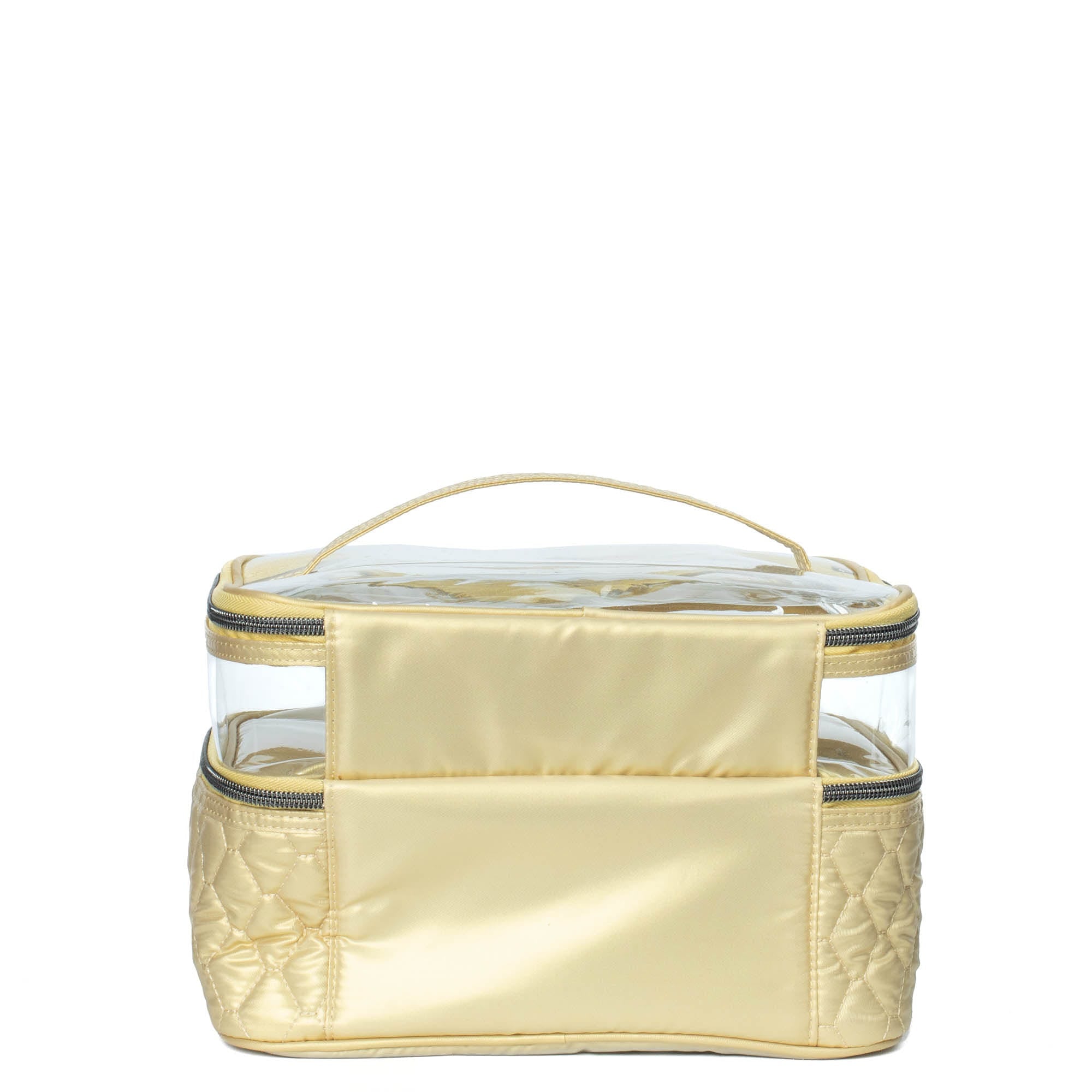 Lug Whoosh Clearview metallic gold cosmetic case with transparent compartments for organizing makeup and beauty essentials.