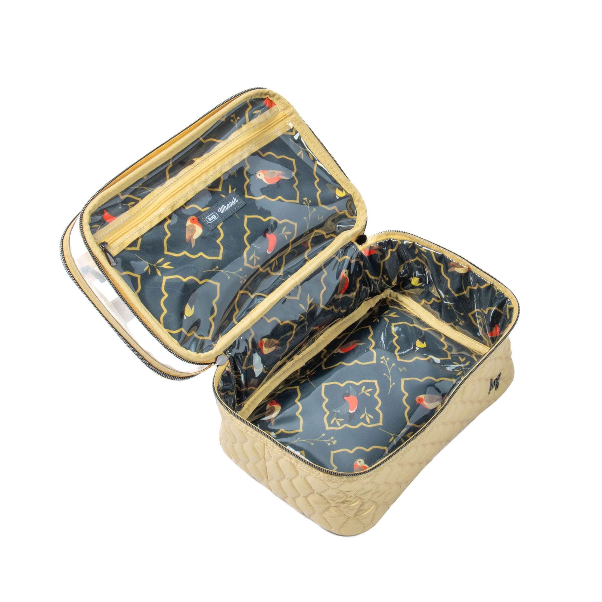 Lug Whoosh Clearview metallic gold cosmetic case showing transparent design with multiple compartments for makeup and beauty products.