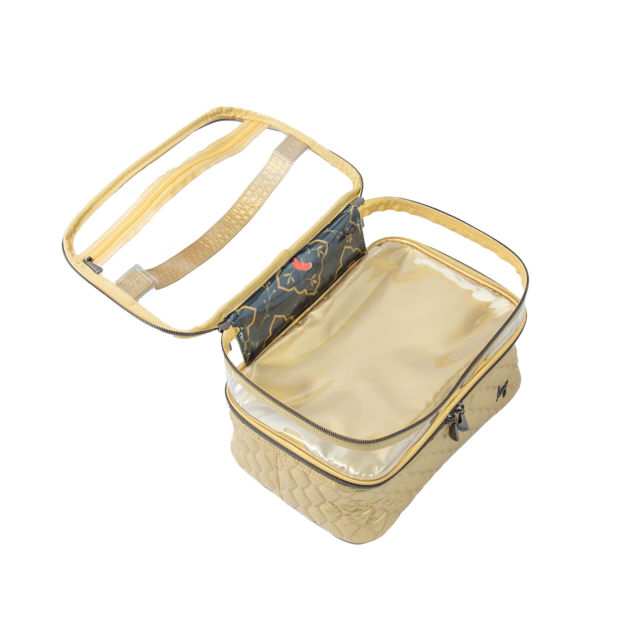 Lug Whoosh Clearview cosmetic case in metallic gold with transparent compartments for makeup and beauty essentials.