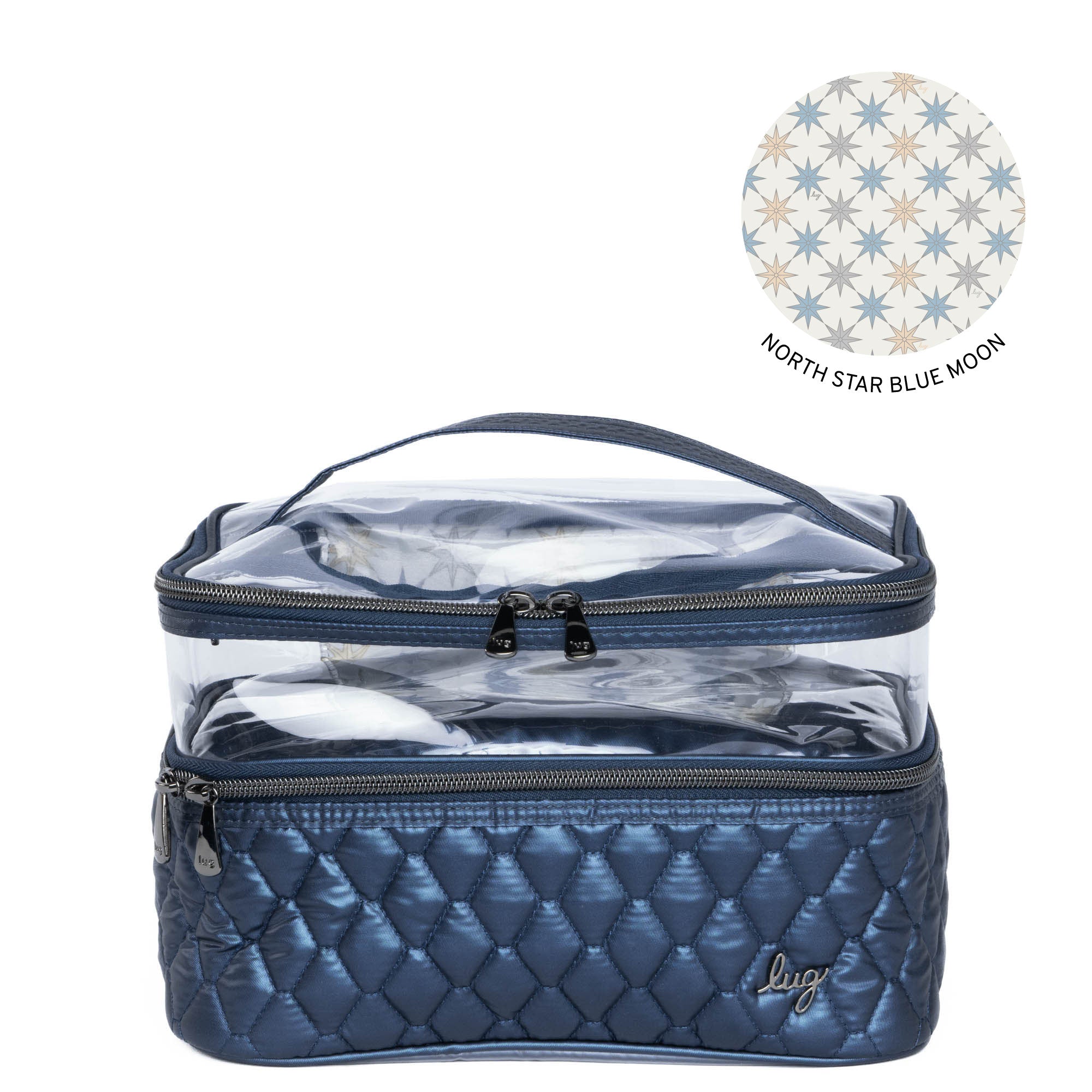 Lug Whoosh Clearview metallic indigo cosmetic case with transparent compartments for makeup and beauty essentials.