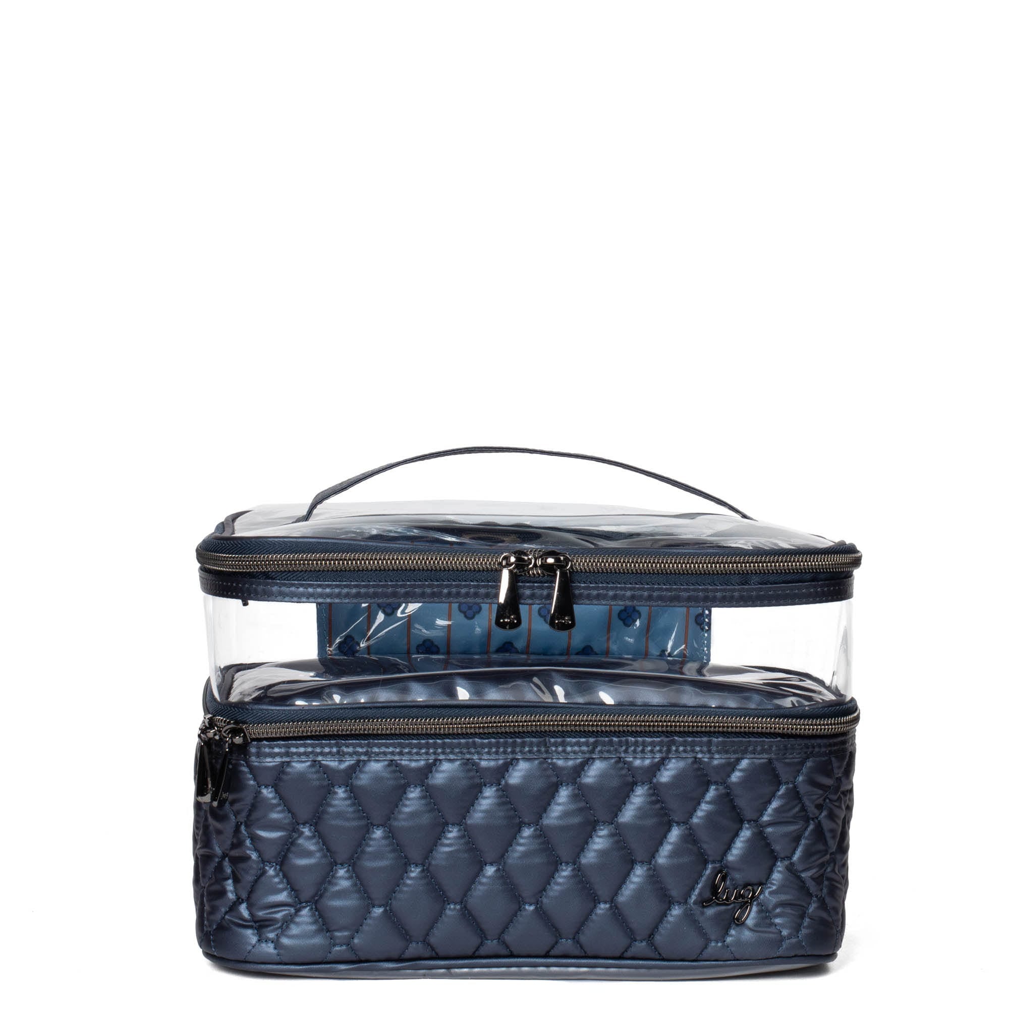 Metallic indigo Whoosh Clearview cosmetic case by Lug, showcasing transparent design with multiple compartments for makeup storage.