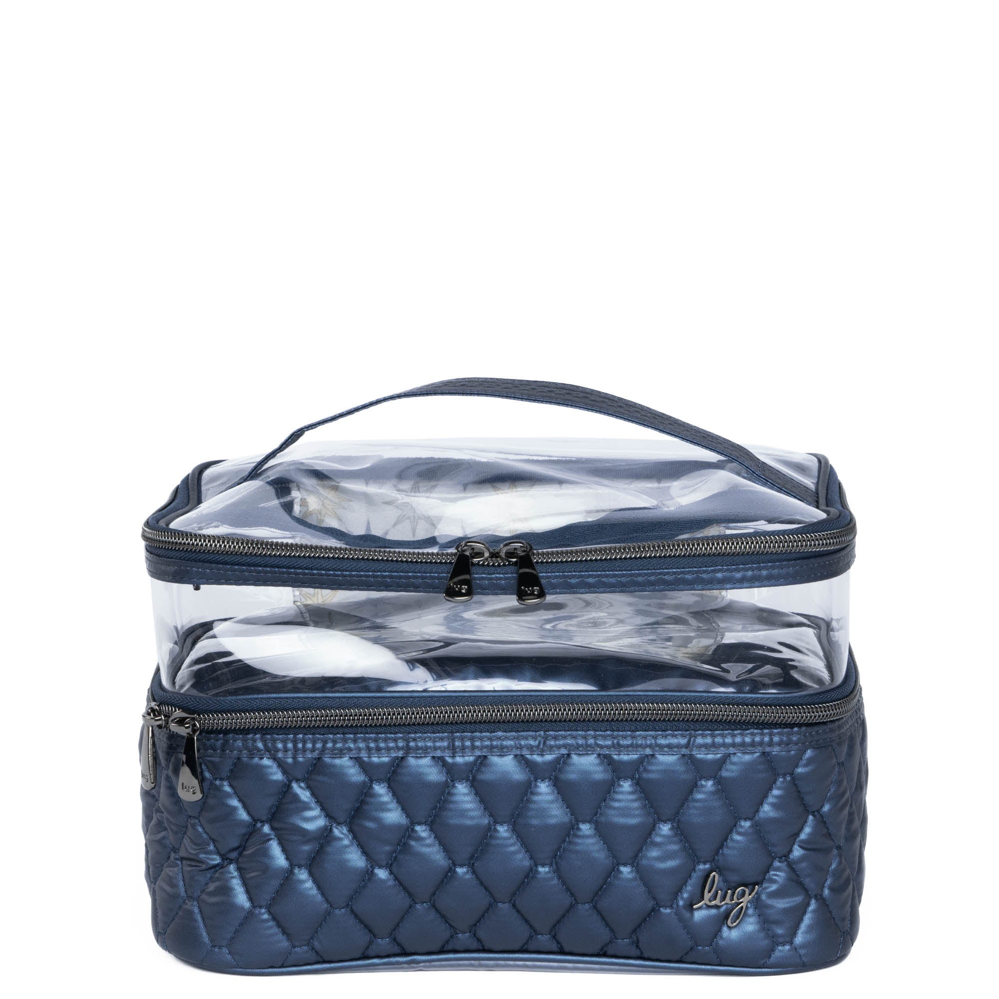 Lug Whoosh Clearview cosmetic case in metallic indigo with transparent compartments and silver zipper, designed for organizing beauty products.