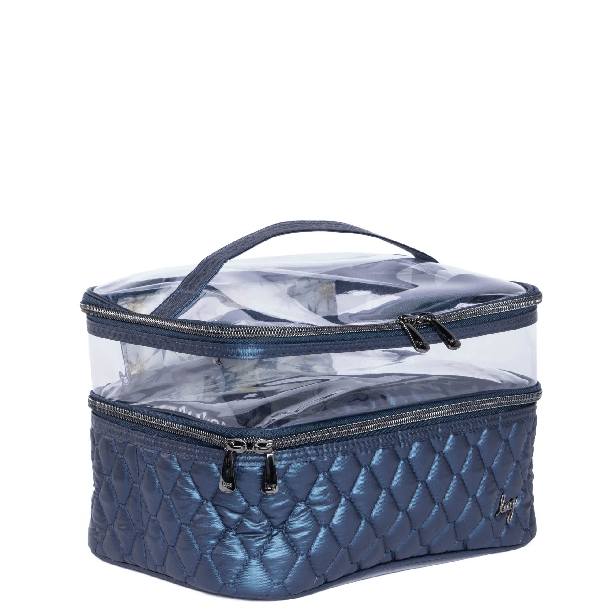 Lug Whoosh Clearview metallic indigo cosmetic case with transparent exterior and multiple compartments for makeup storage.