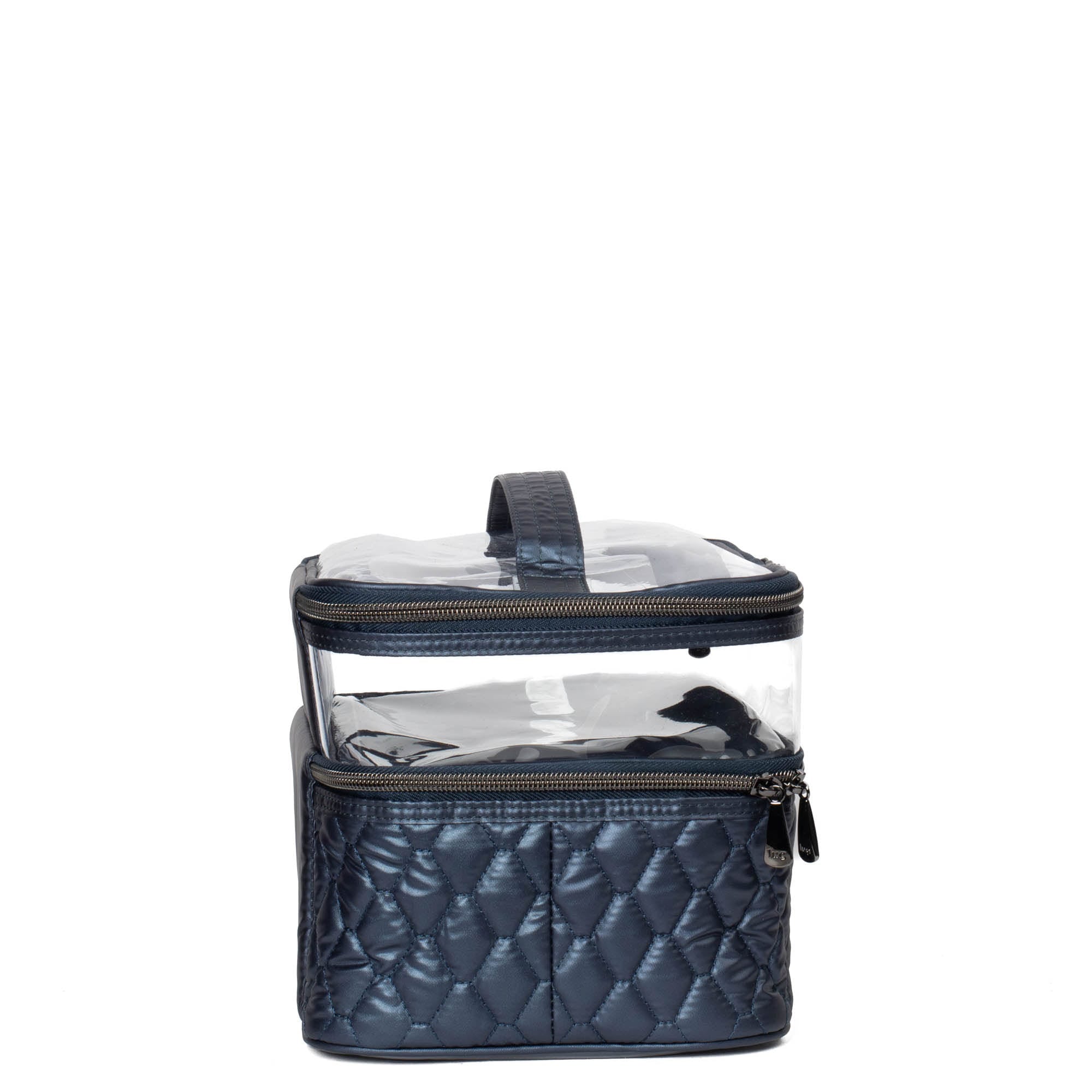Lug Whoosh Clearview metallic indigo cosmetic case with transparent compartments for organizing makeup and beauty products.
