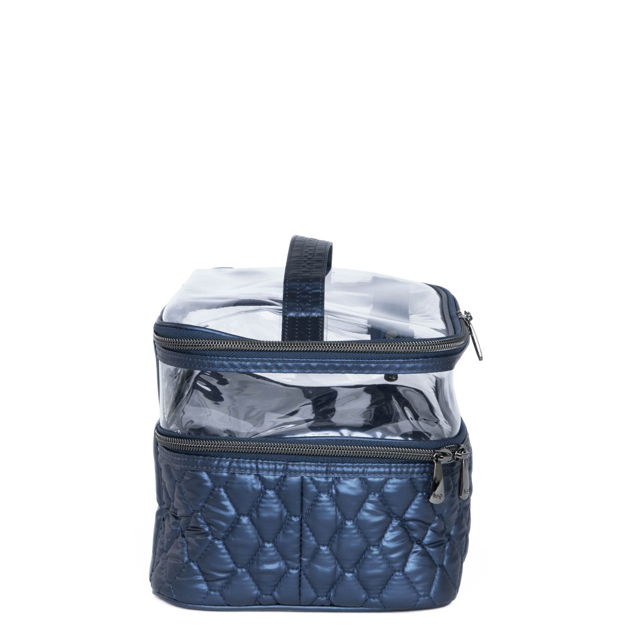 Lug Whoosh Clearview metallic indigo cosmetic case with transparent sides and zipper closure for organizing makeup and beauty essentials.