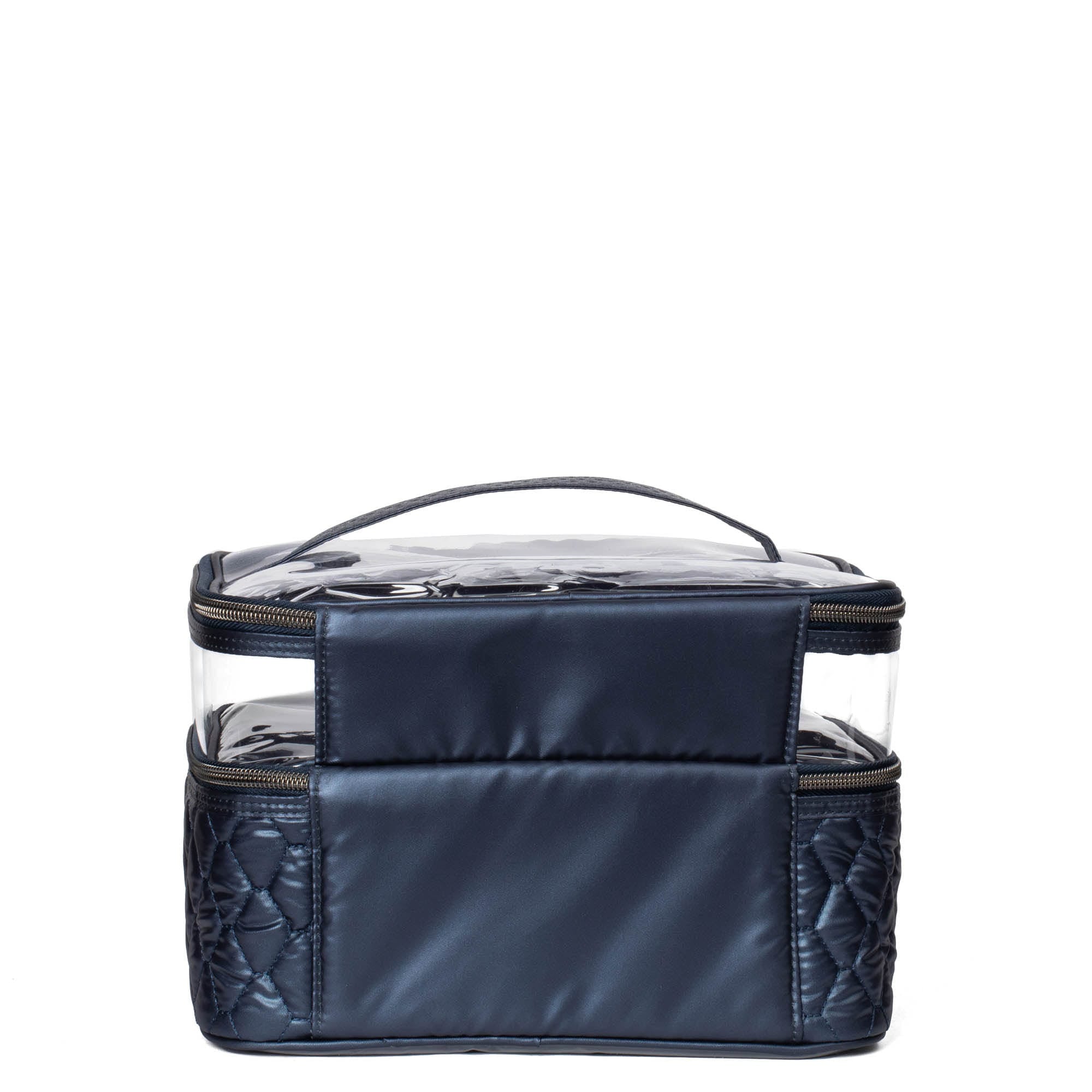 Lug Whoosh Clearview metallic indigo cosmetic case with transparent compartments and zipper closure for organizing beauty products