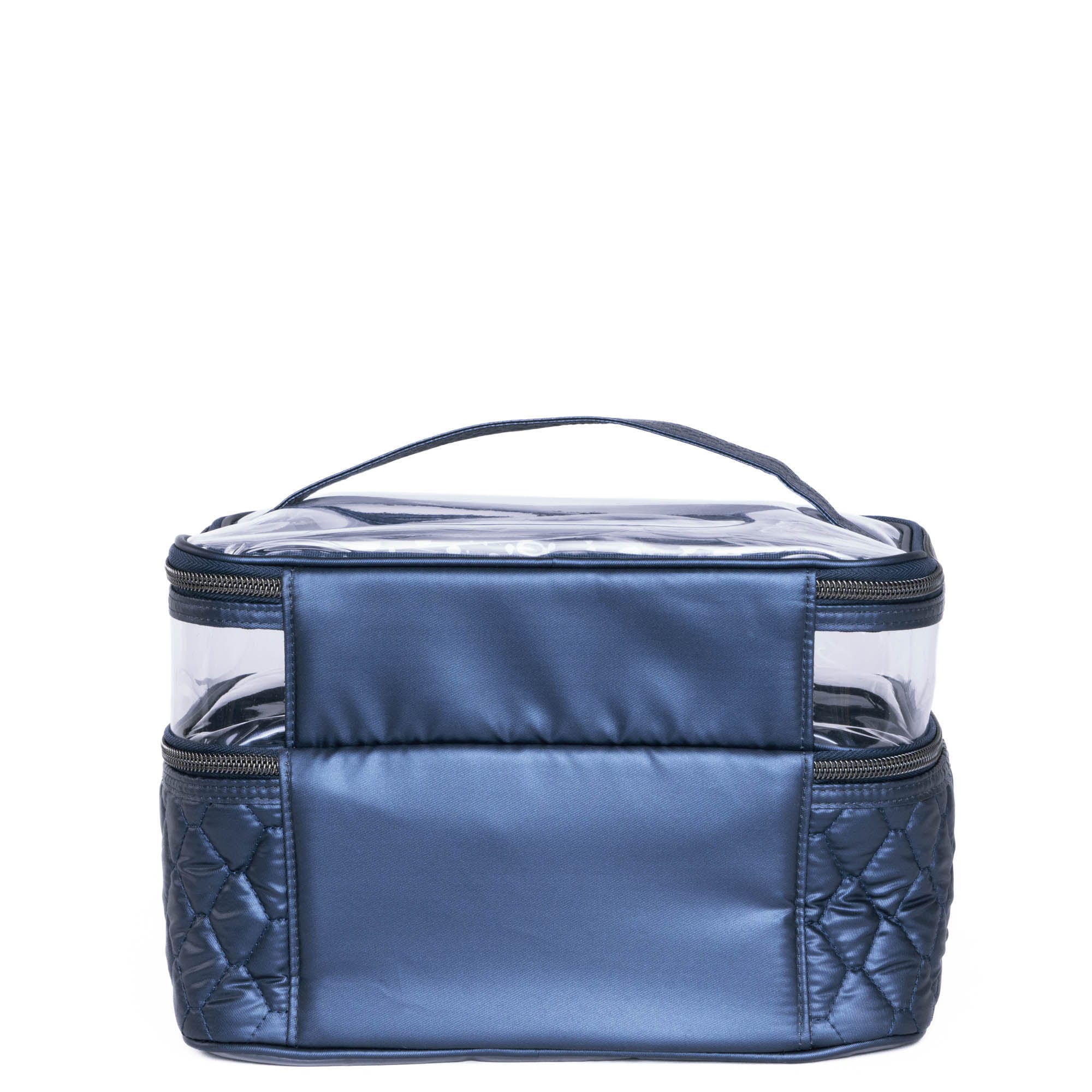 Lug Whoosh Clearview cosmetic case in metallic indigo with transparent compartments for organizing beauty essentials.