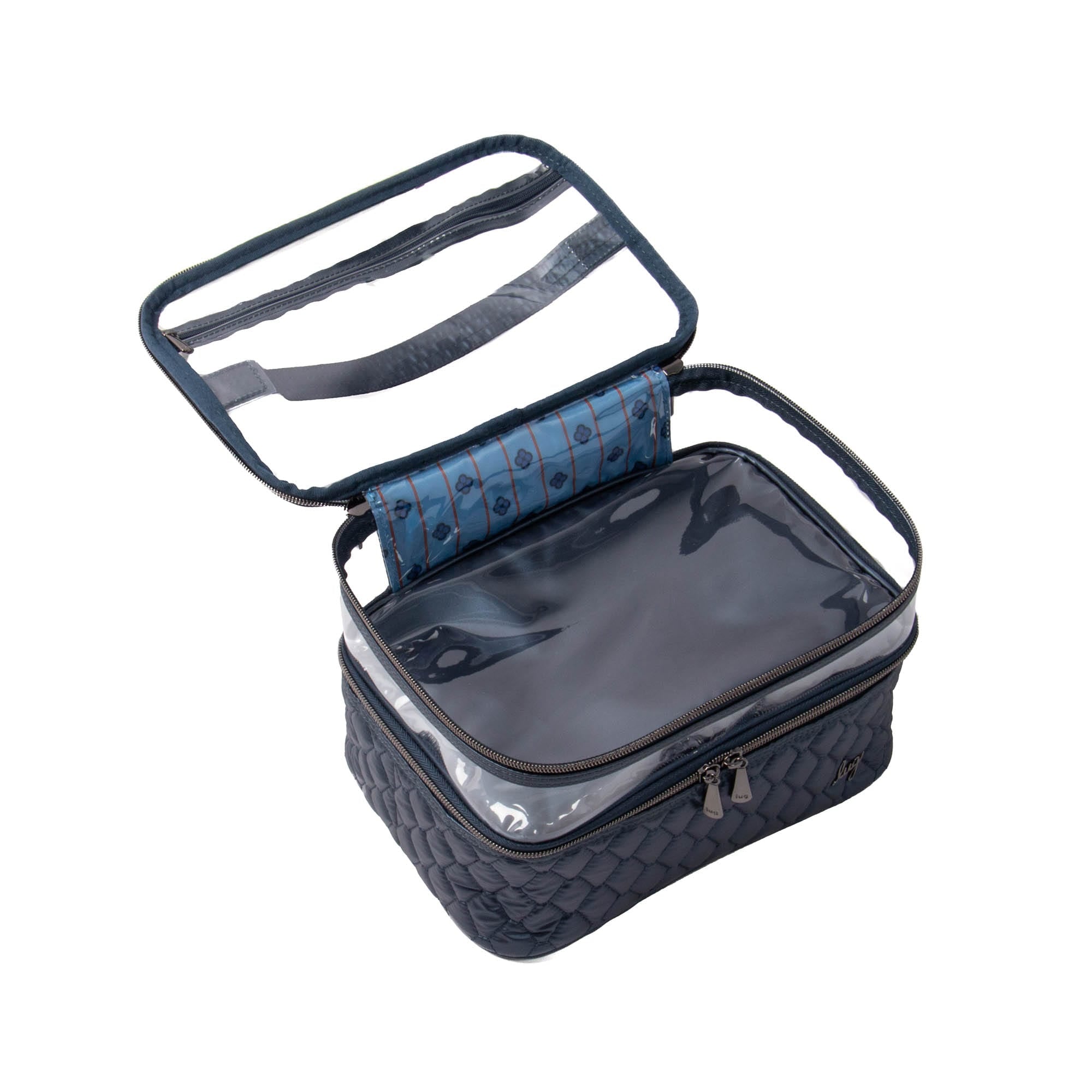 Lug Whoosh Clearview cosmetic case in metallic indigo with transparent compartments for makeup and beauty essentials