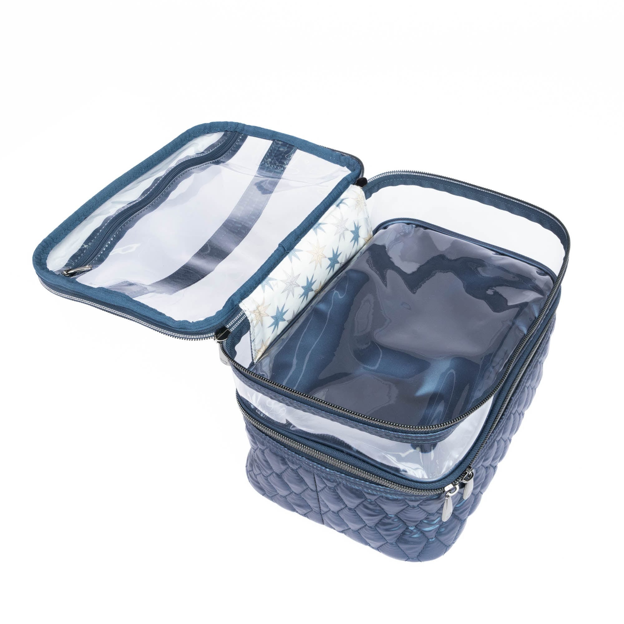 Lug Whoosh Clearview cosmetic case in metallic indigo with transparent compartments for makeup storage