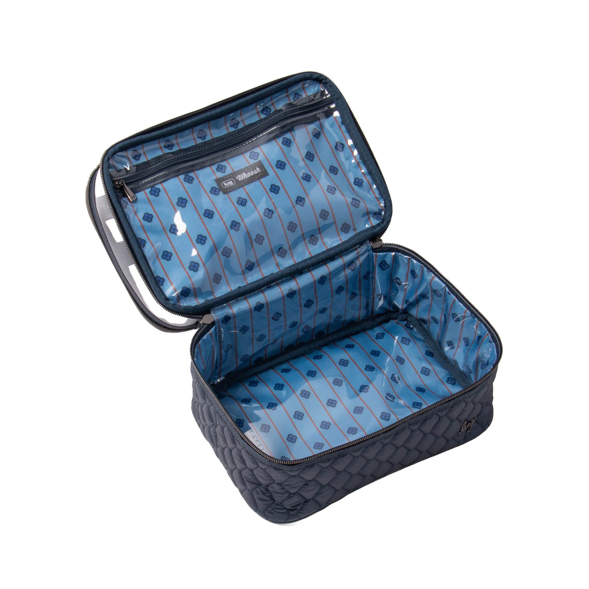 Lug Whoosh Clearview metallic indigo cosmetic case with transparent compartments and silver zippers on a white background.