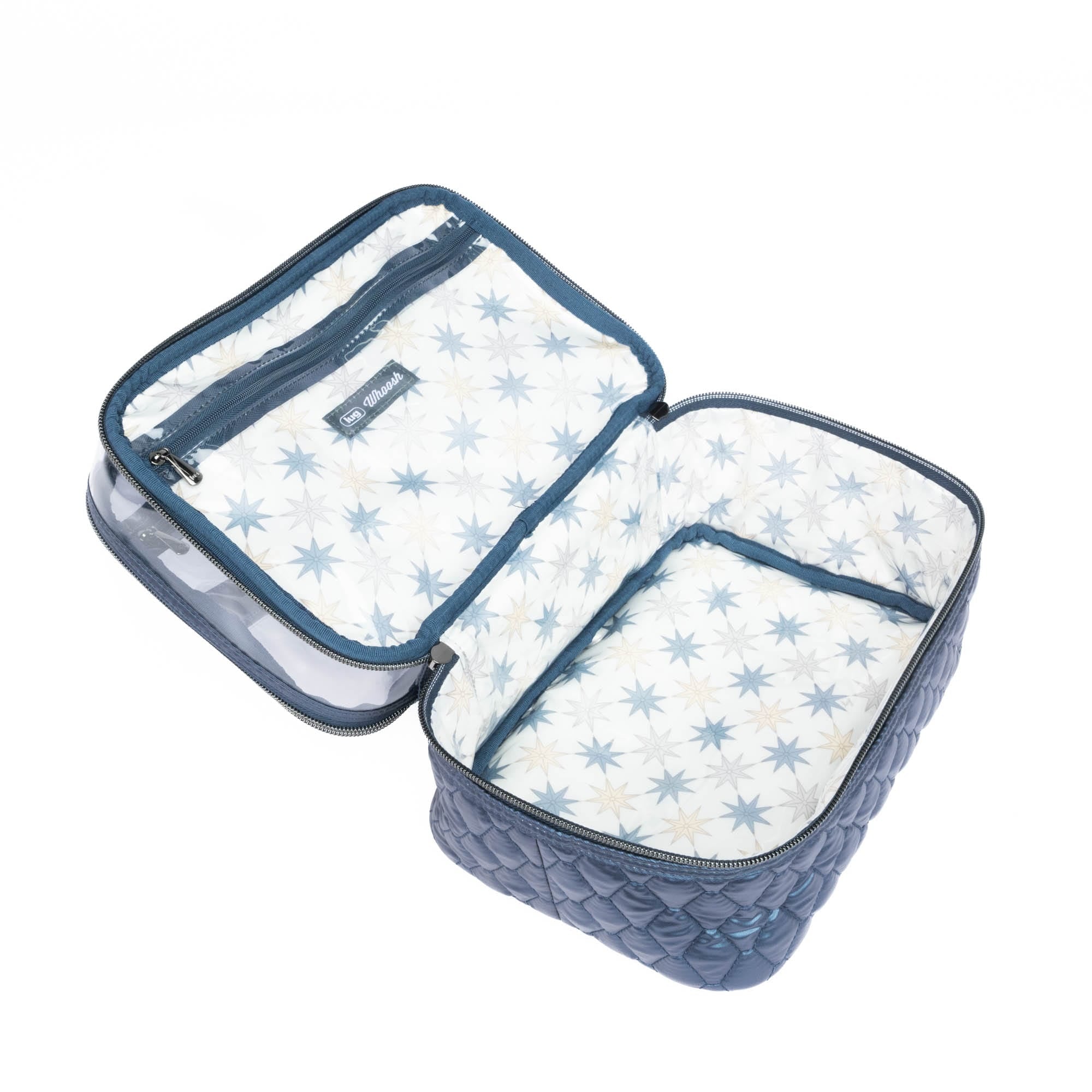 Lug Whoosh Clearview metallic indigo cosmetic case with transparent compartments for makeup and beauty essentials.