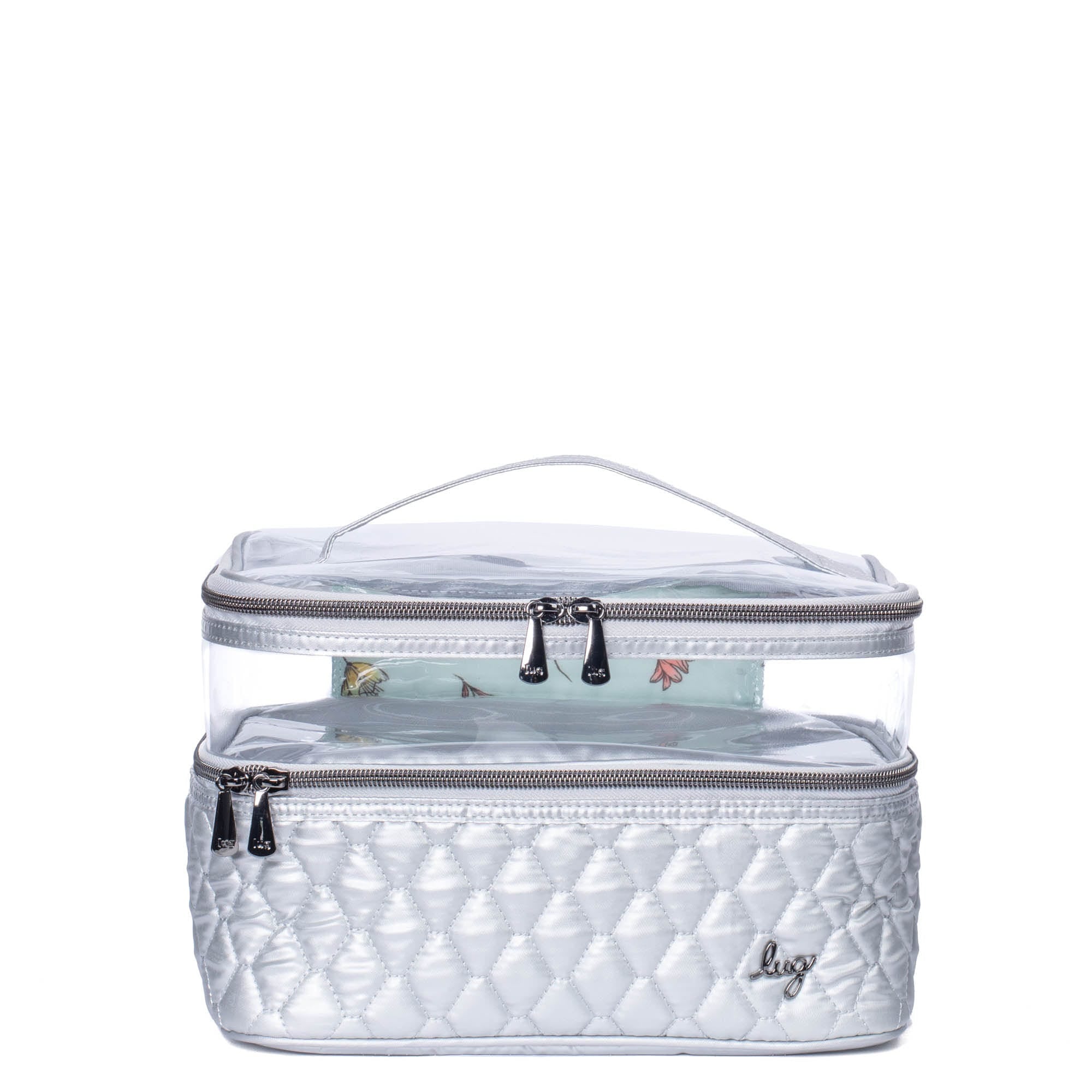 Lug Whoosh Clearview cosmetic case in metallic silver with transparent compartments for makeup and beauty essentials.