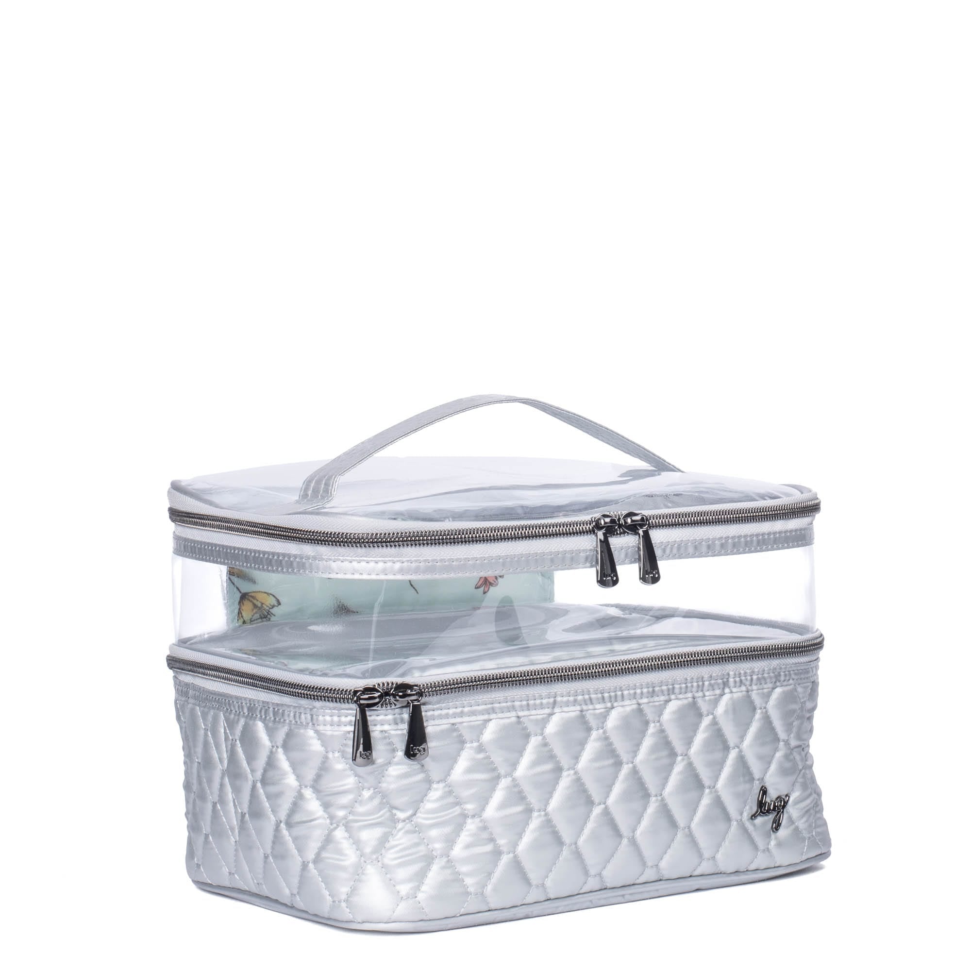 Silver metallic Lug Whoosh Clearview cosmetic case with transparent compartments for easy organization and storage of beauty products.