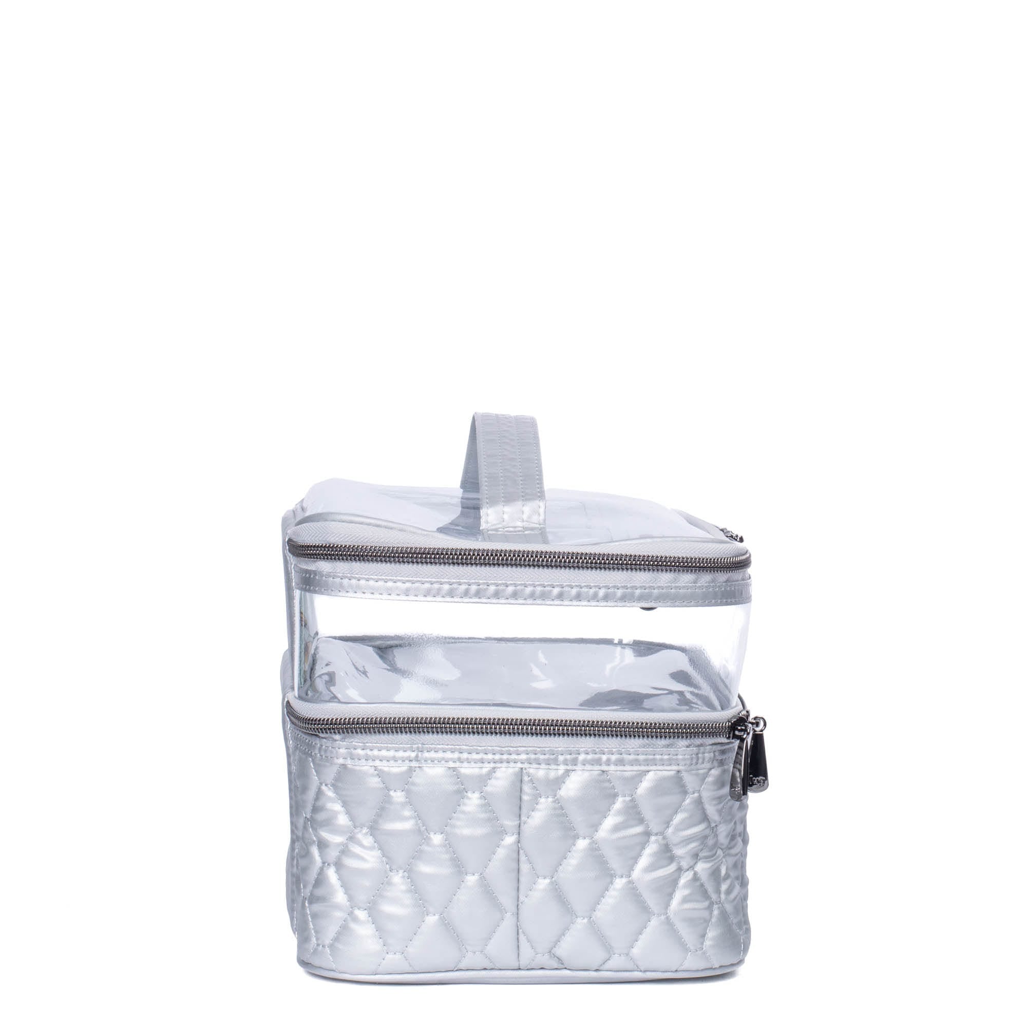 Silver metallic Lug Whoosh Clearview cosmetic case with transparent compartments for organizing makeup and beauty essentials.