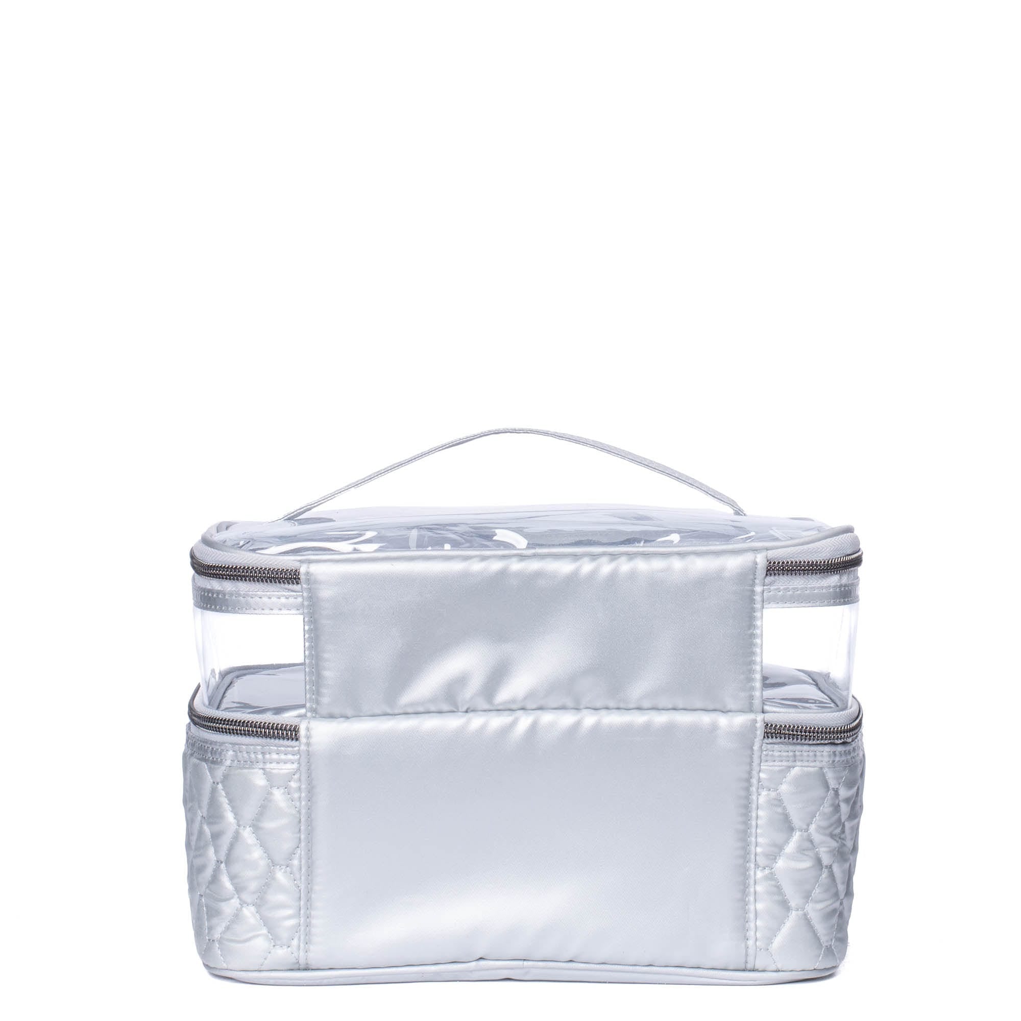 Metallic silver Whoosh Clearview cosmetic case by Lug, featuring transparent panels and multiple compartments for makeup storage.