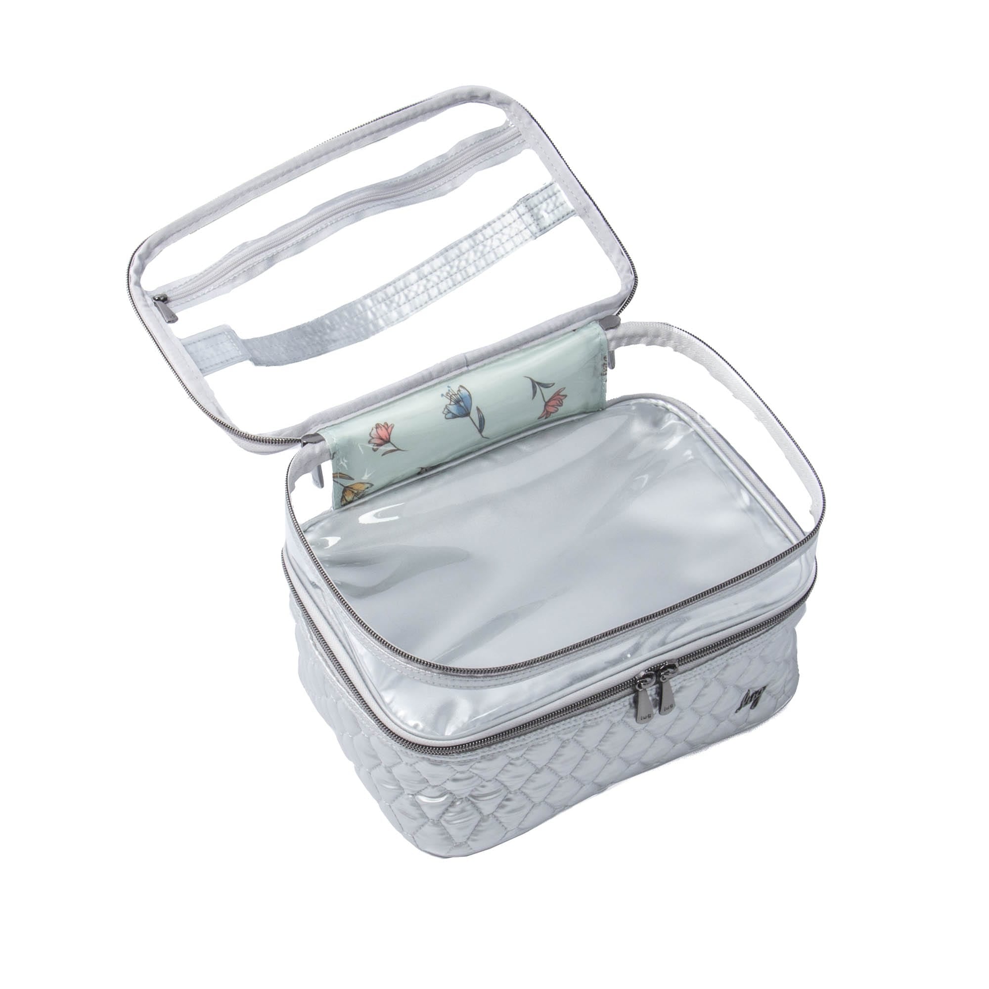 Lug Whoosh Clearview metallic silver cosmetic case with transparent compartments for makeup and beauty essentials.