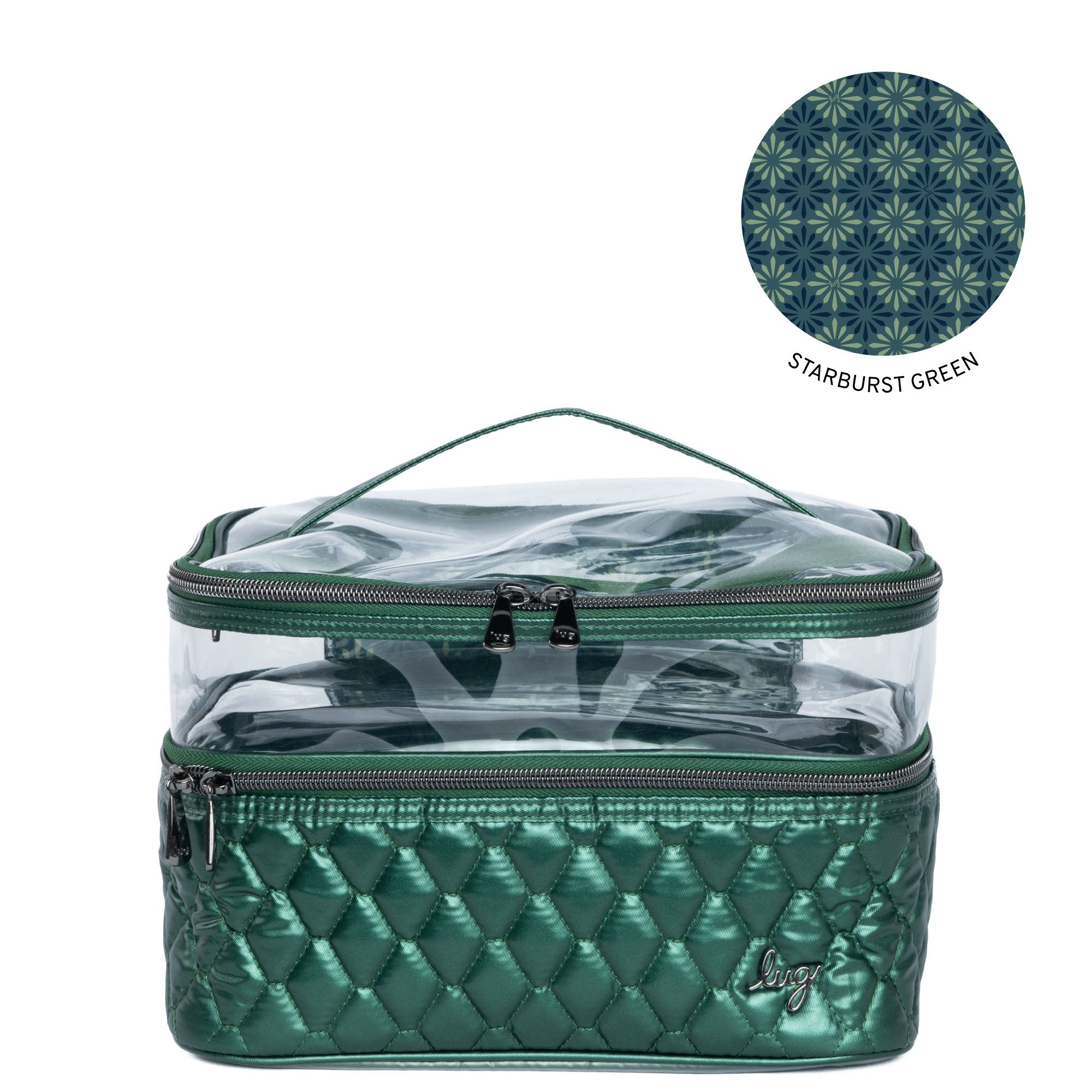 Lug Whoosh Clearview cosmetic case with metallic wickedly green exterior and transparent compartments for organizing makeup and beauty products.
