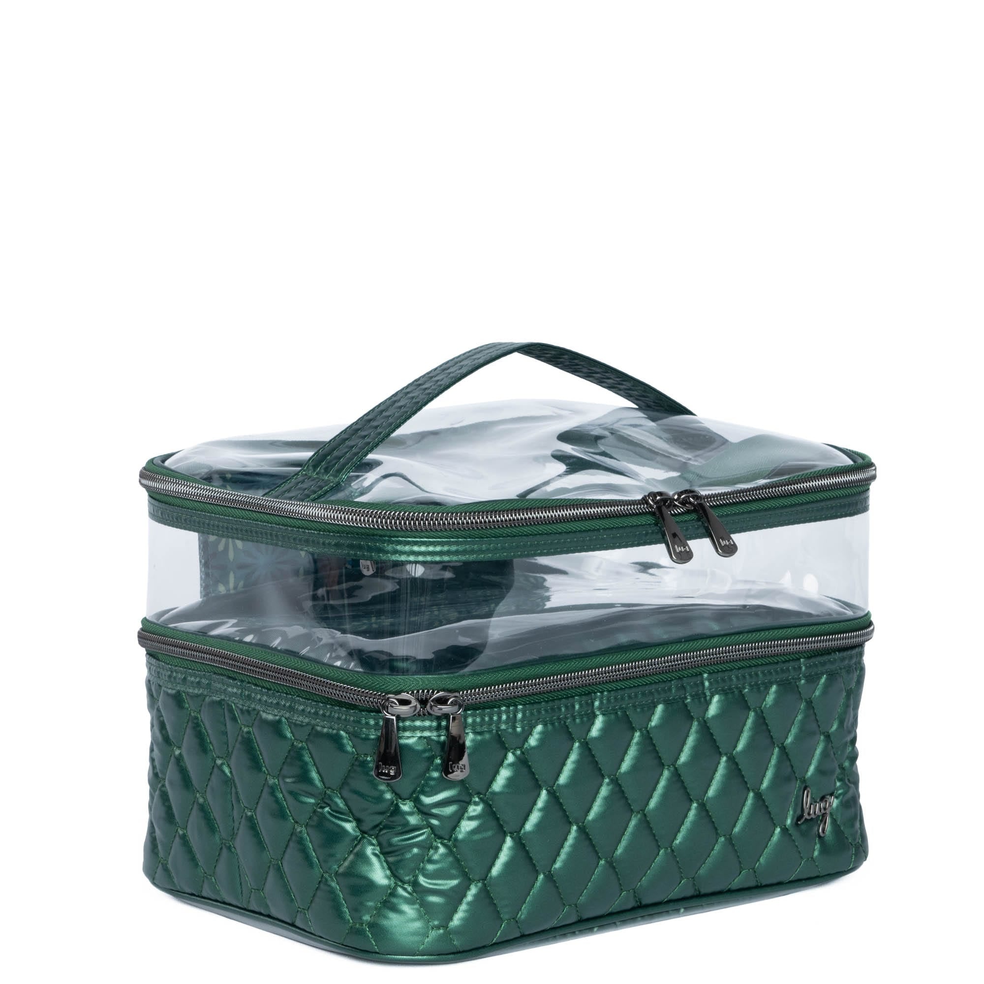 Lug Whoosh Clearview metallic green cosmetic case with transparent compartments for organizing makeup and beauty essentials.