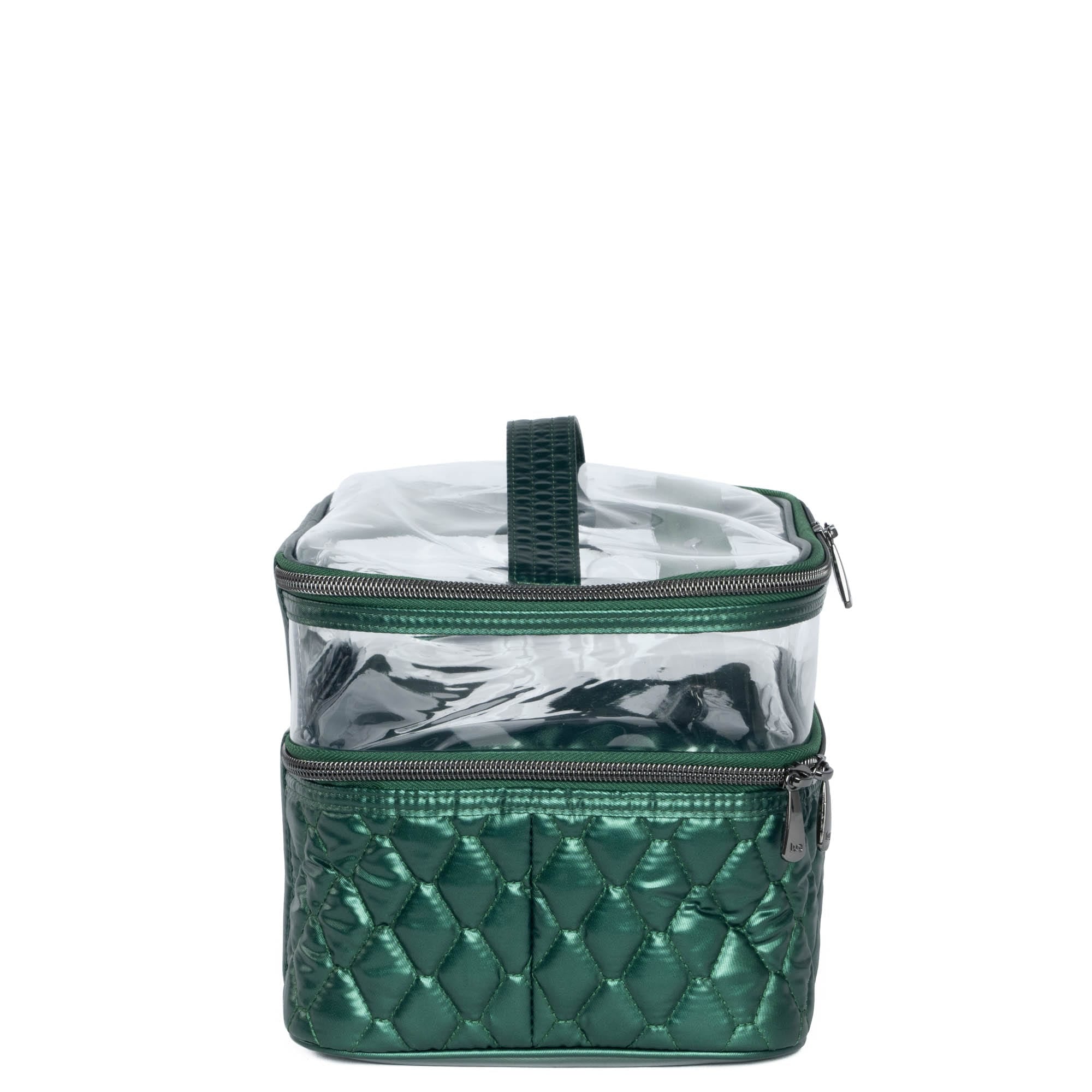 Lug Whoosh Clearview metallic green cosmetic case with transparent compartments for makeup and beauty essentials.