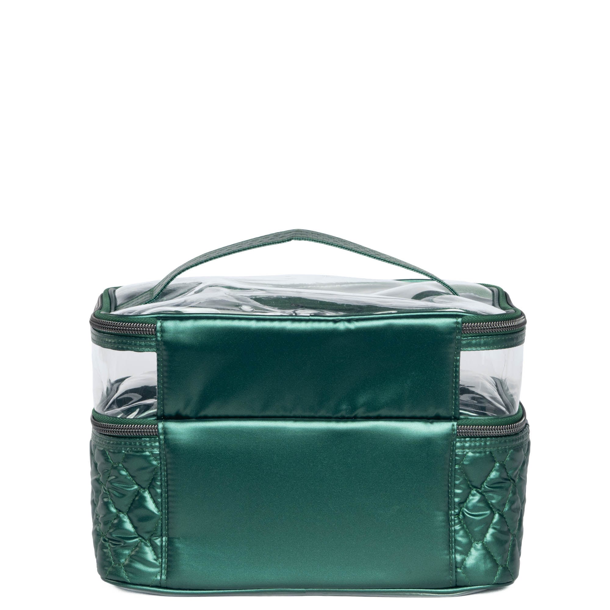 Lug Whoosh Clearview metallic green cosmetic case with transparent compartments for organizing makeup and beauty products.
