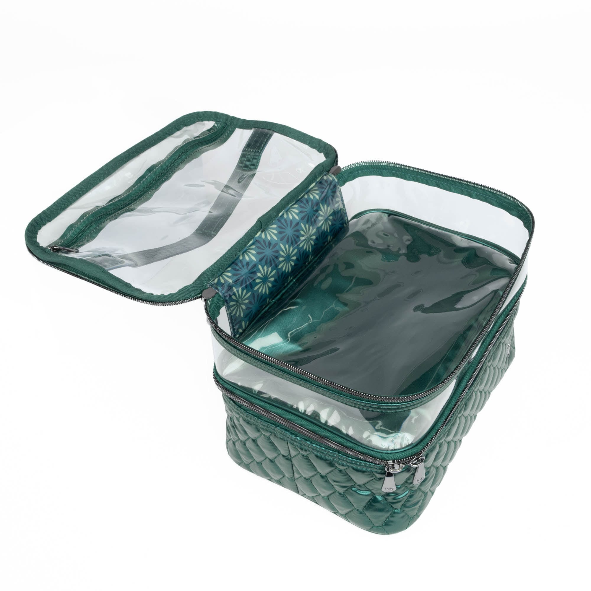 Metallic green Whoosh Clearview cosmetic case by Lug with transparent compartments for easy makeup and beauty product organization.