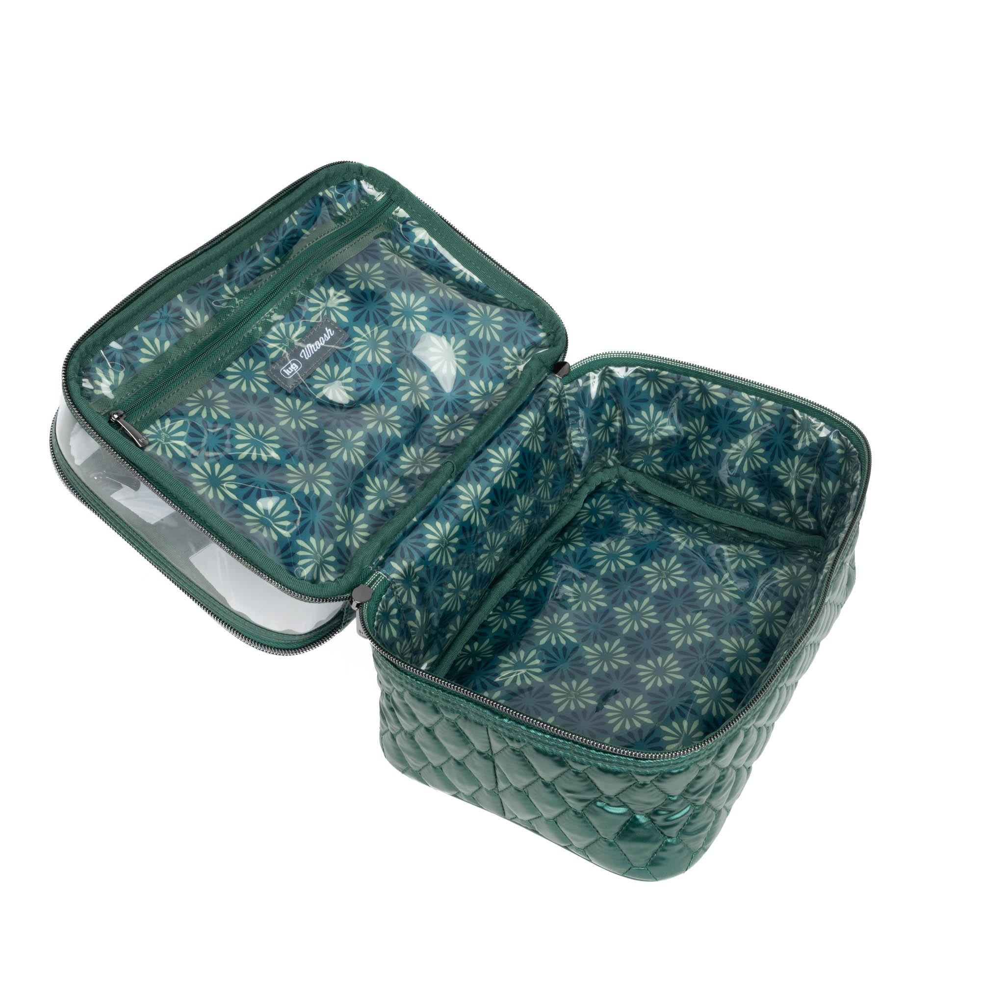 Metallic green Whoosh Clearview cosmetic case by Lug, featuring transparent compartments for organizing makeup and beauty essentials.