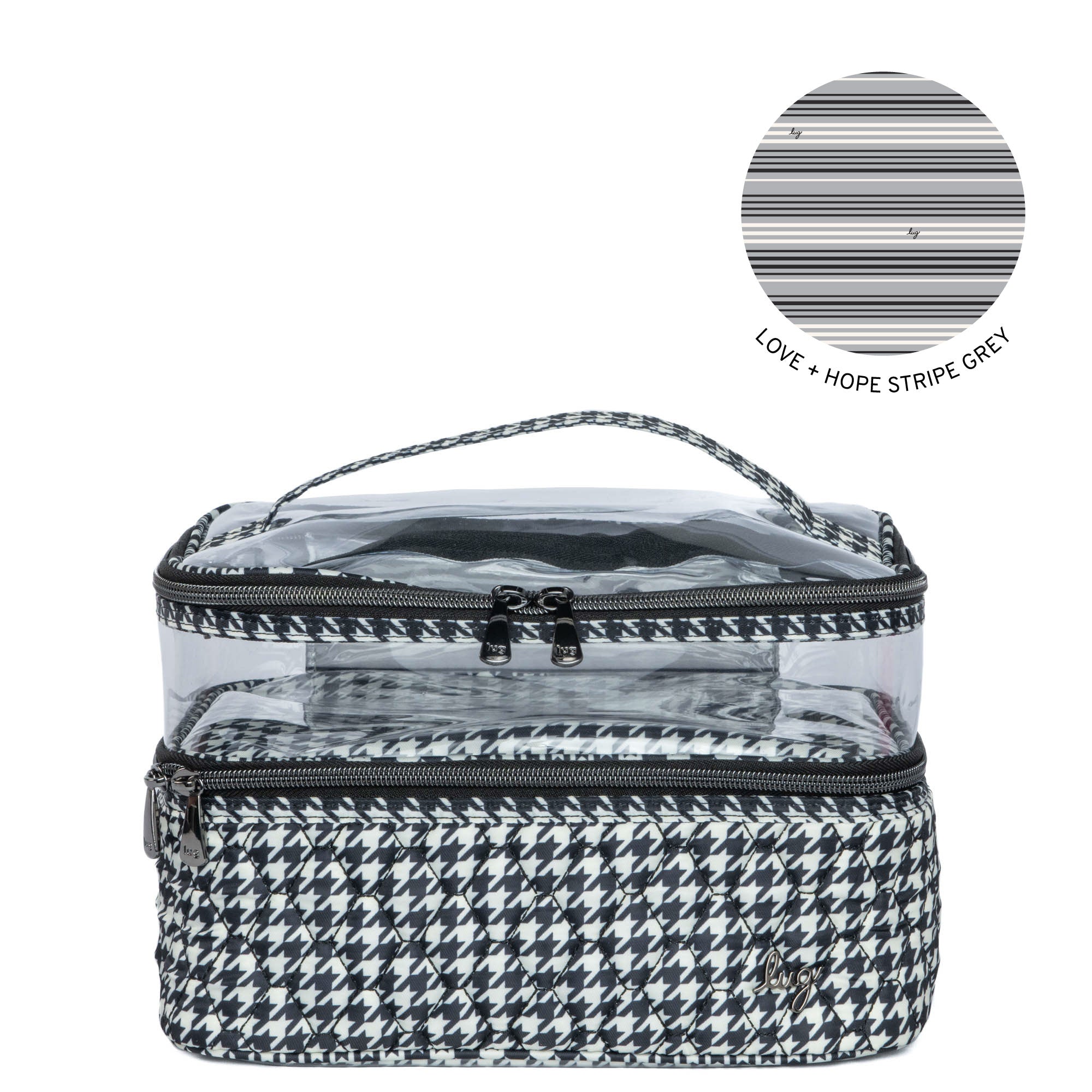 Lug Whoosh Clearview cosmetic case with micro houndstooth pattern, compact makeup storage with transparent front for easy access.