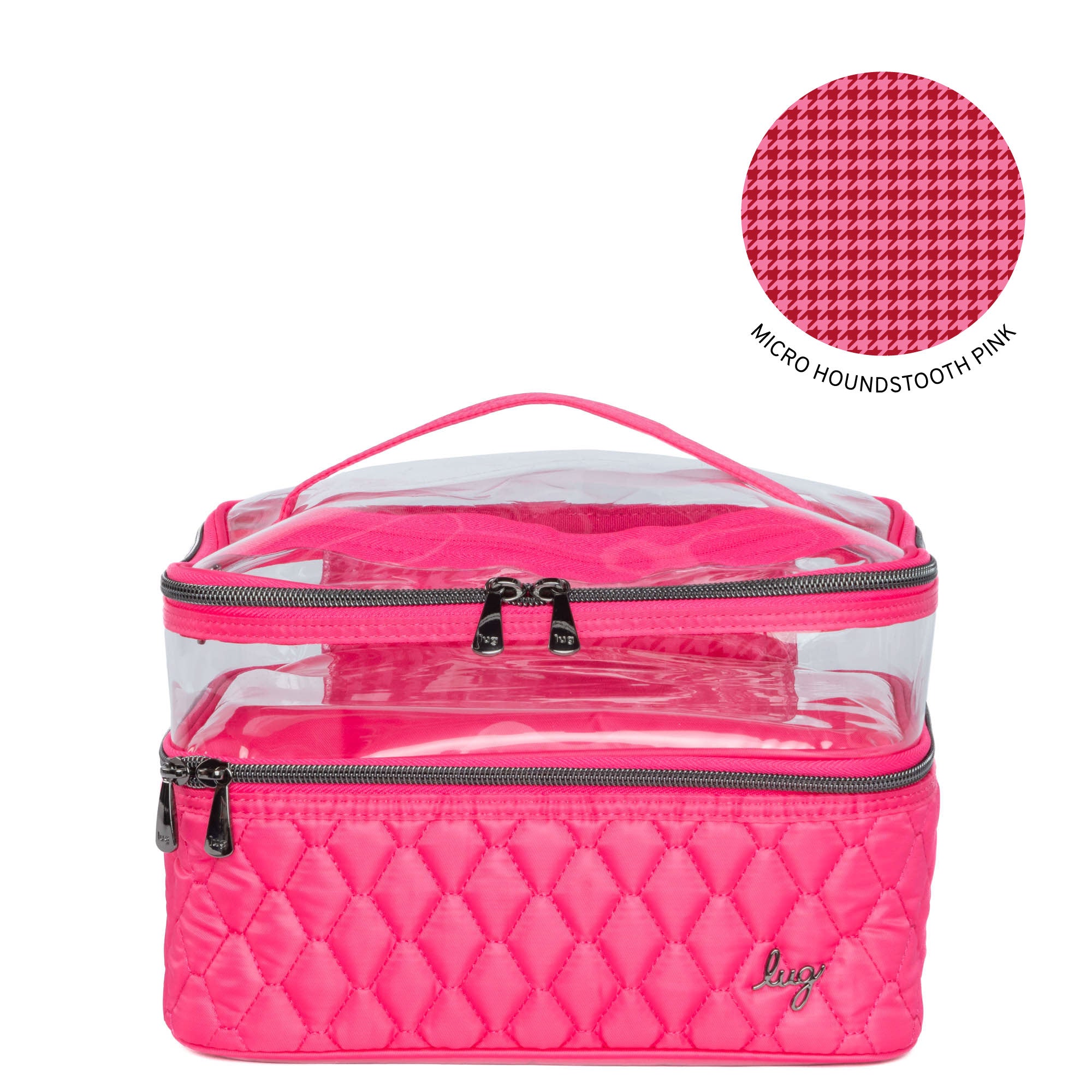 Lug Whoosh Clearview cosmetic case in vibrant pink with transparent compartments for organizing makeup and beauty essentials.