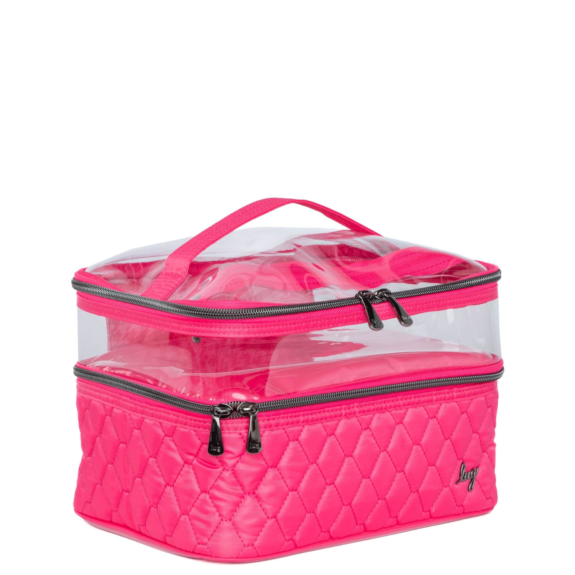 Pink Whoosh Clearview cosmetic case by Lug showing transparent compartments and zipper closure for organizing makeup and beauty essentials.