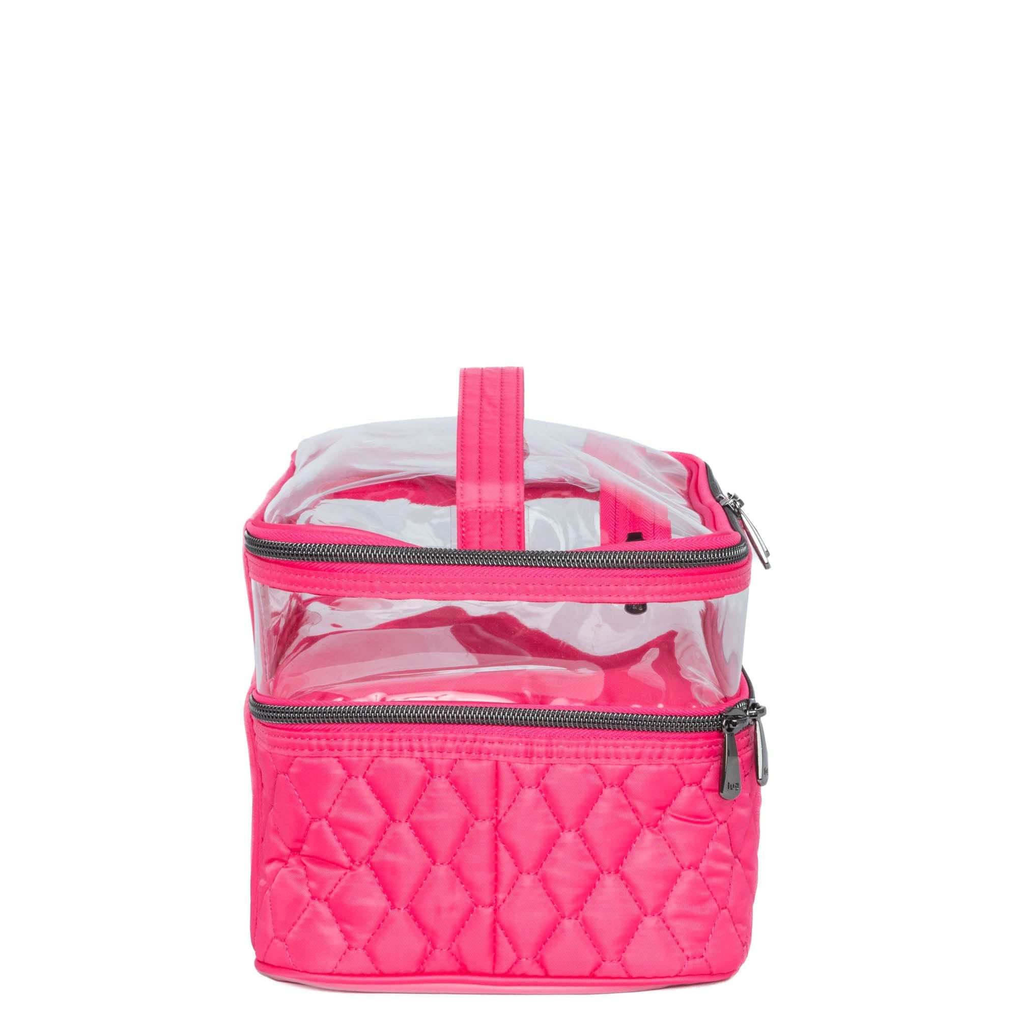 Pink Lug Whoosh Clearview cosmetic case open showing multiple compartments and clear exterior for easy makeup organization.