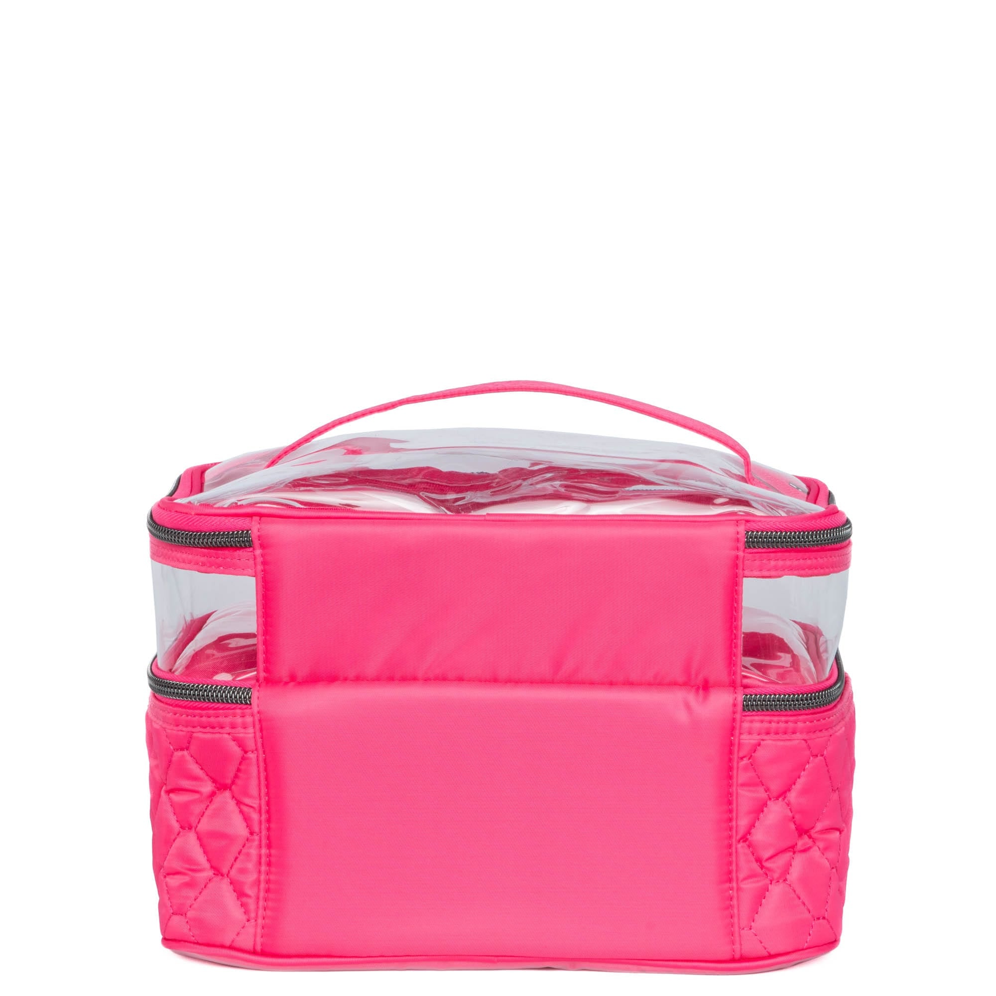 Pink Whoosh Clearview cosmetic case by Lug with transparent panels and multiple compartments for organizing makeup and beauty essentials.