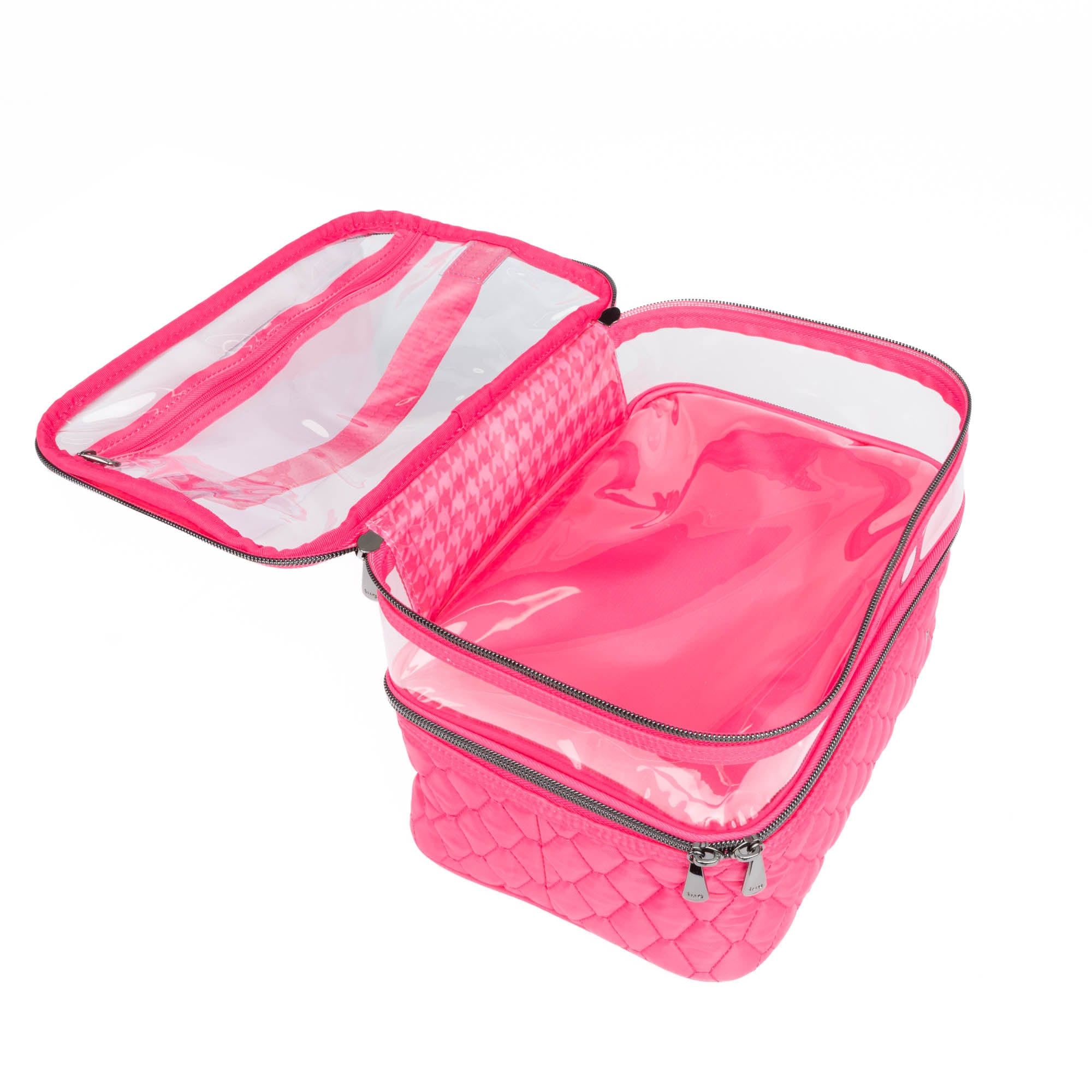 Pink Whoosh Clearview cosmetic case by Lug with transparent compartments and zipper closure for organized makeup storage.