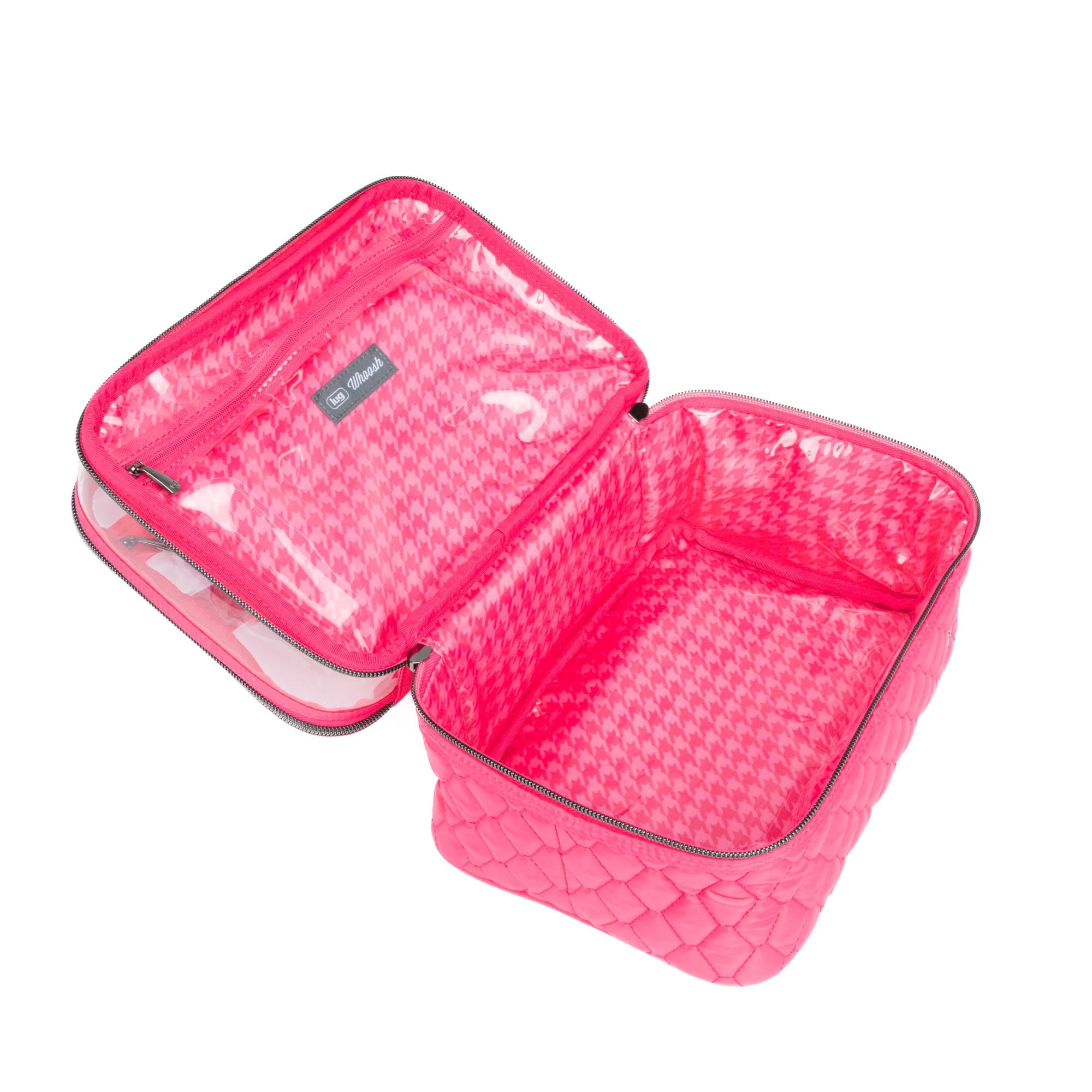 Pink Whoosh Clearview cosmetic case by Lug with transparent compartments for organizing makeup and beauty essentials.