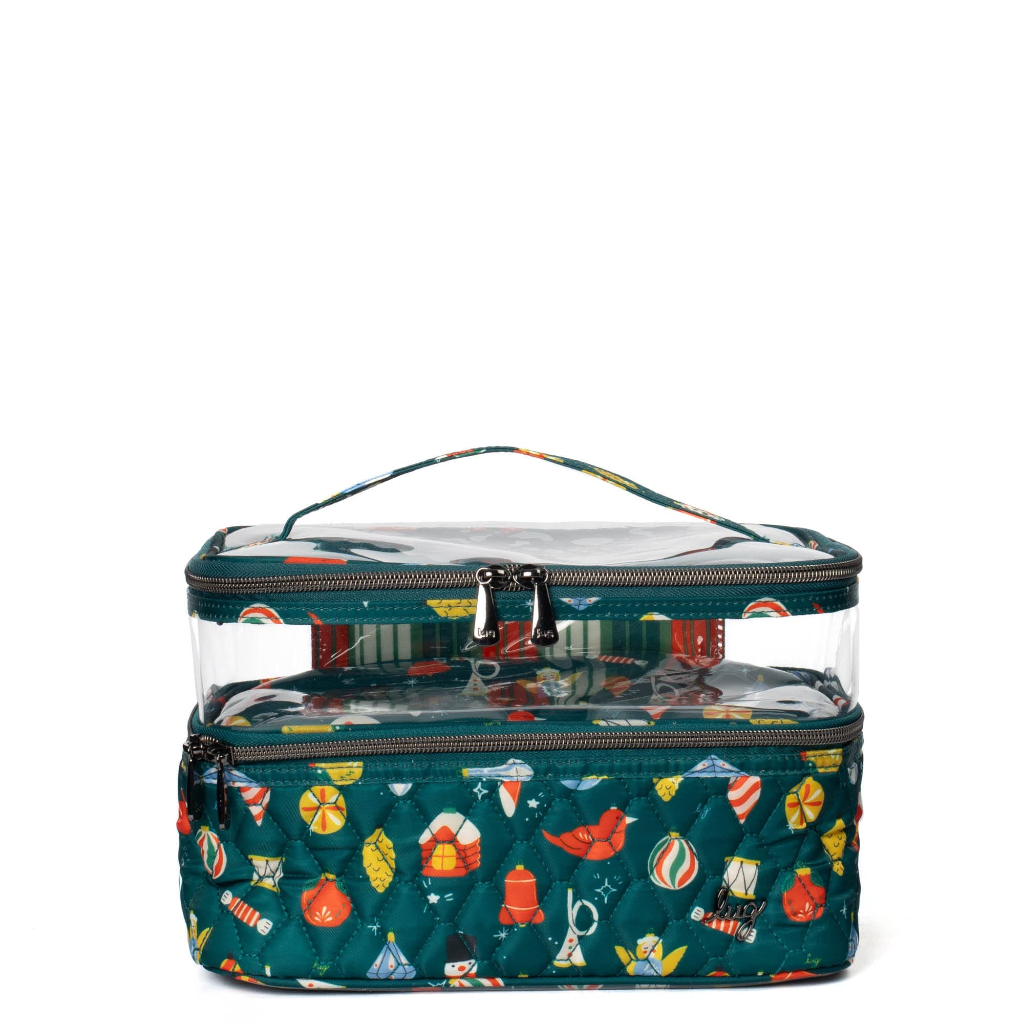 Lug Whoosh Clearview Cosmetic Case with retro ornament design, transparent plastic exterior, and multiple compartments for makeup storage
