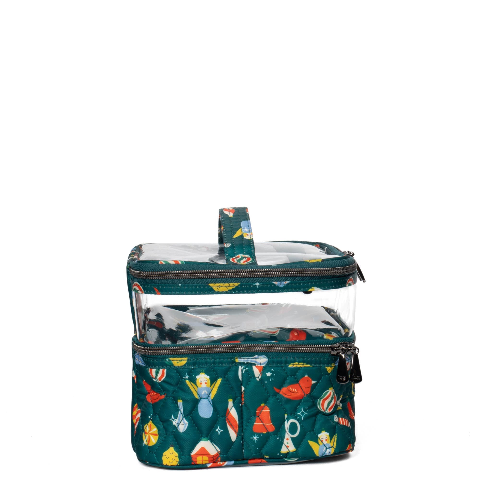 Lug Whoosh Clearview cosmetic case with retro ornament design, transparent body showing compartments for makeup and accessories.
