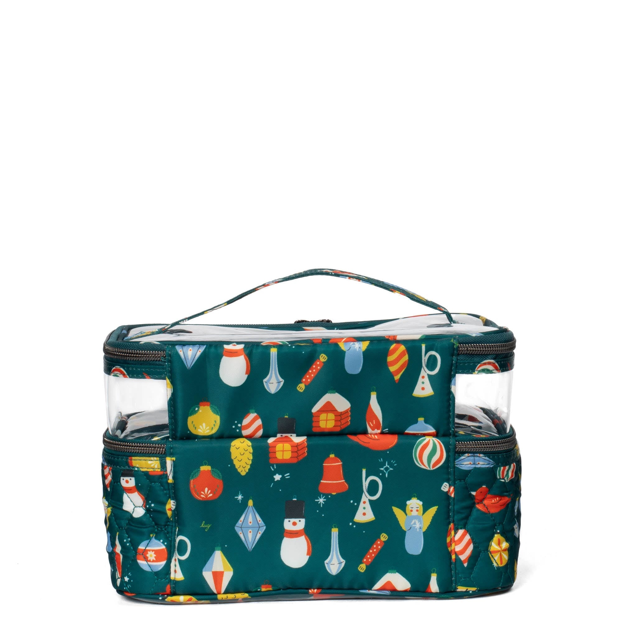 Lug Whoosh Clearview cosmetic case with retro ornament design, transparent panels, and multiple compartments for makeup storage.