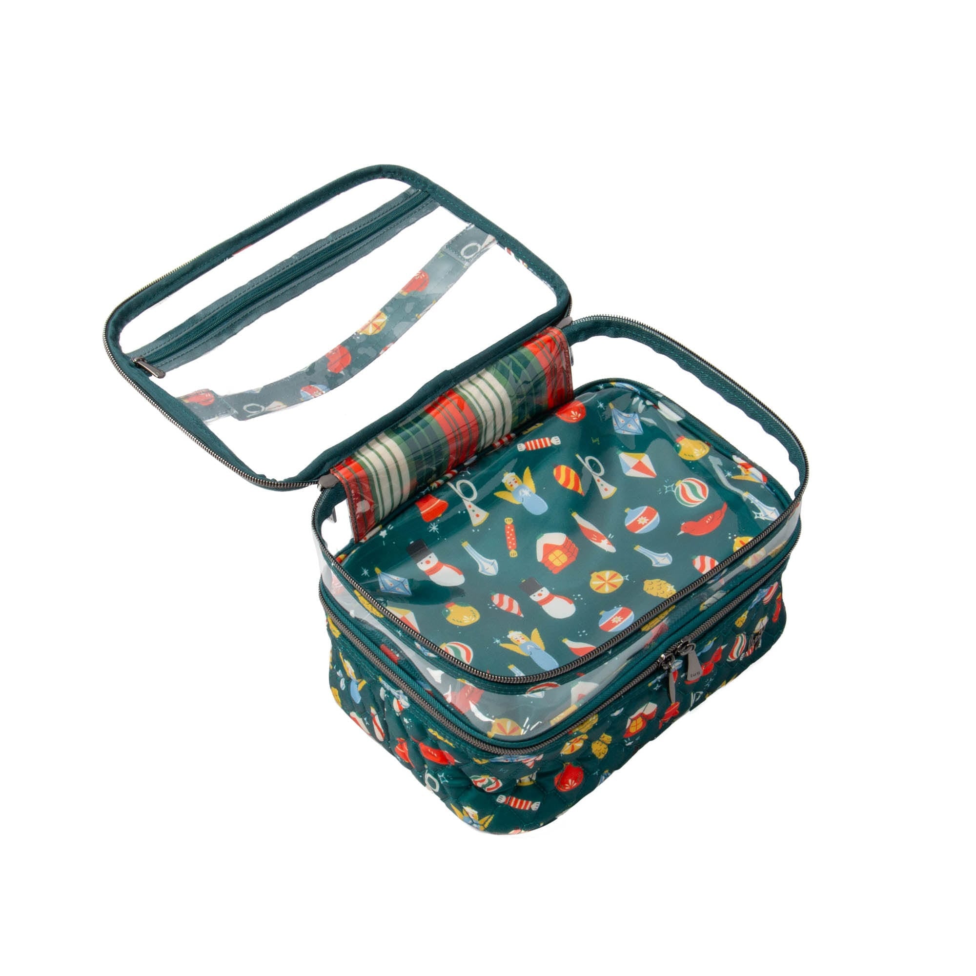 Lug Whoosh Clearview cosmetic case with retro ornament design, transparent sections, and multiple compartments for makeup storage.