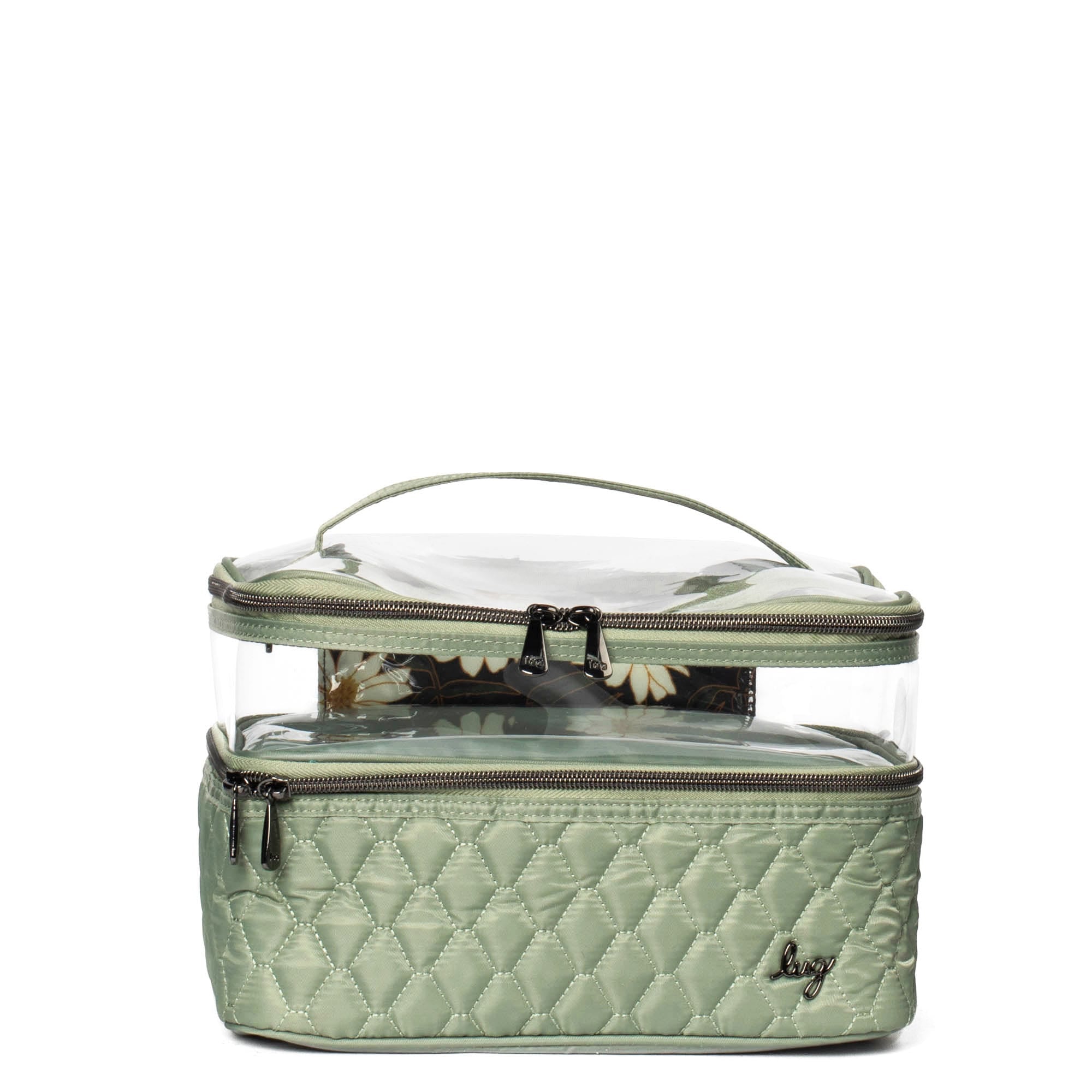 Sage green Whoosh Clearview cosmetic case by Lug with transparent compartments and zipper closure, designed for makeup and beauty products.