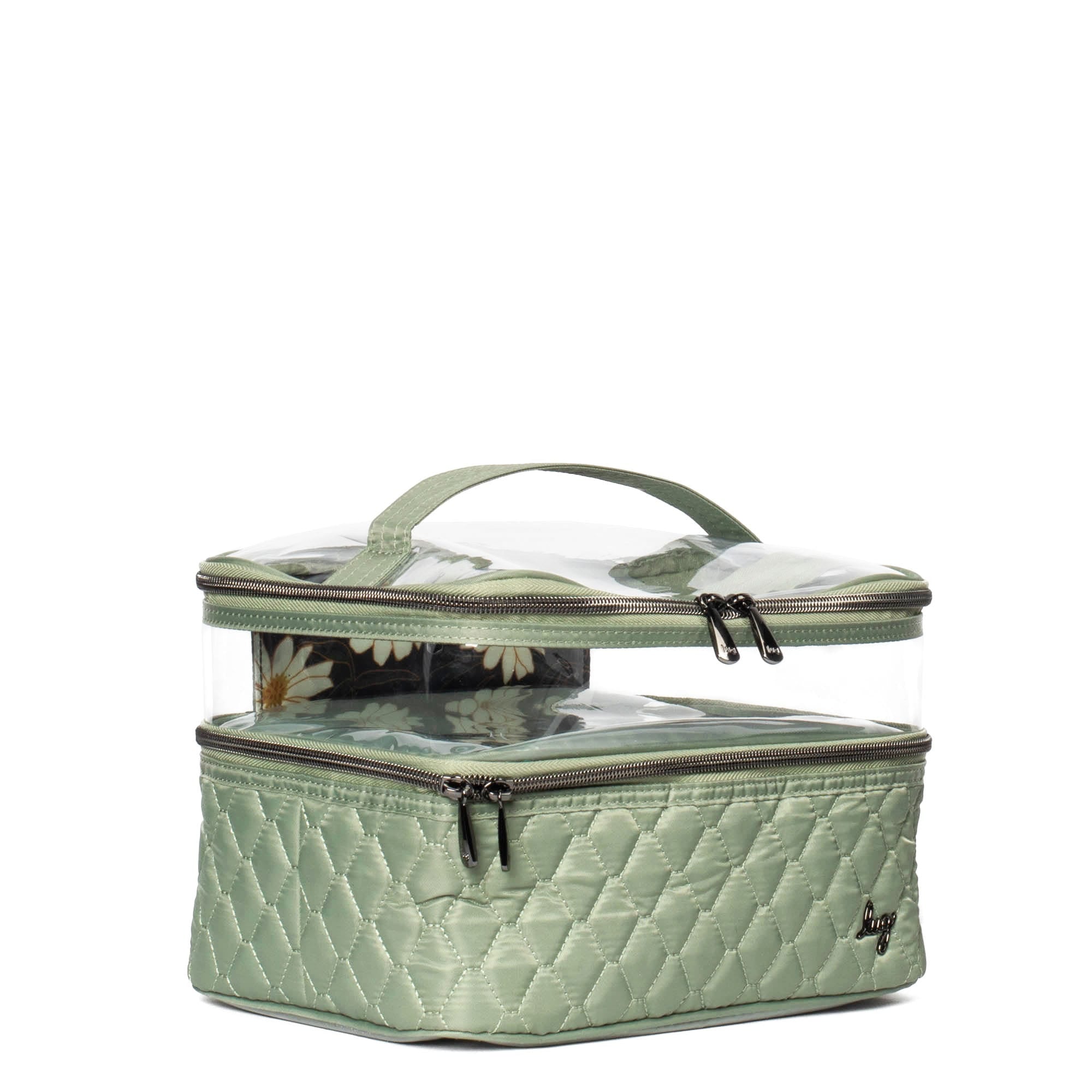 Sage green Whoosh Clearview cosmetic case by Lug with transparent compartments and zipper closure for organizing makeup and beauty tools.