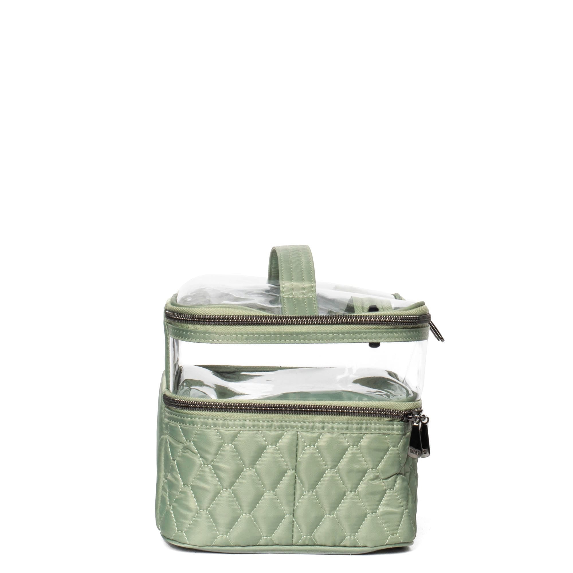 Sage green Whoosh Clearview cosmetic case by Lug, transparent plastic with zipper closure, showing organized interior for makeup and toiletries.
