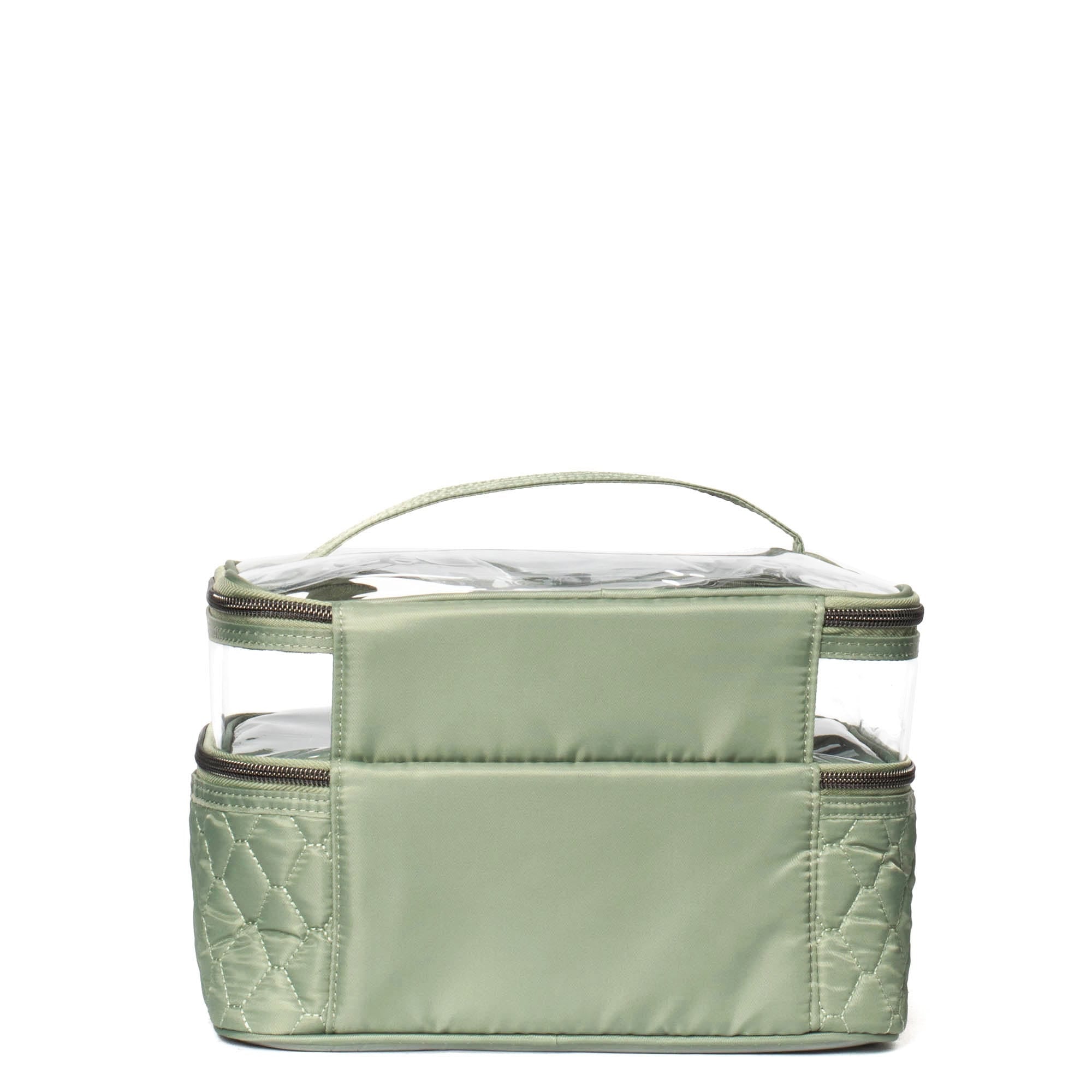 Sage green Whoosh Clearview cosmetic case by Lug with transparent compartments and zipper closure, designed for organizing makeup products.