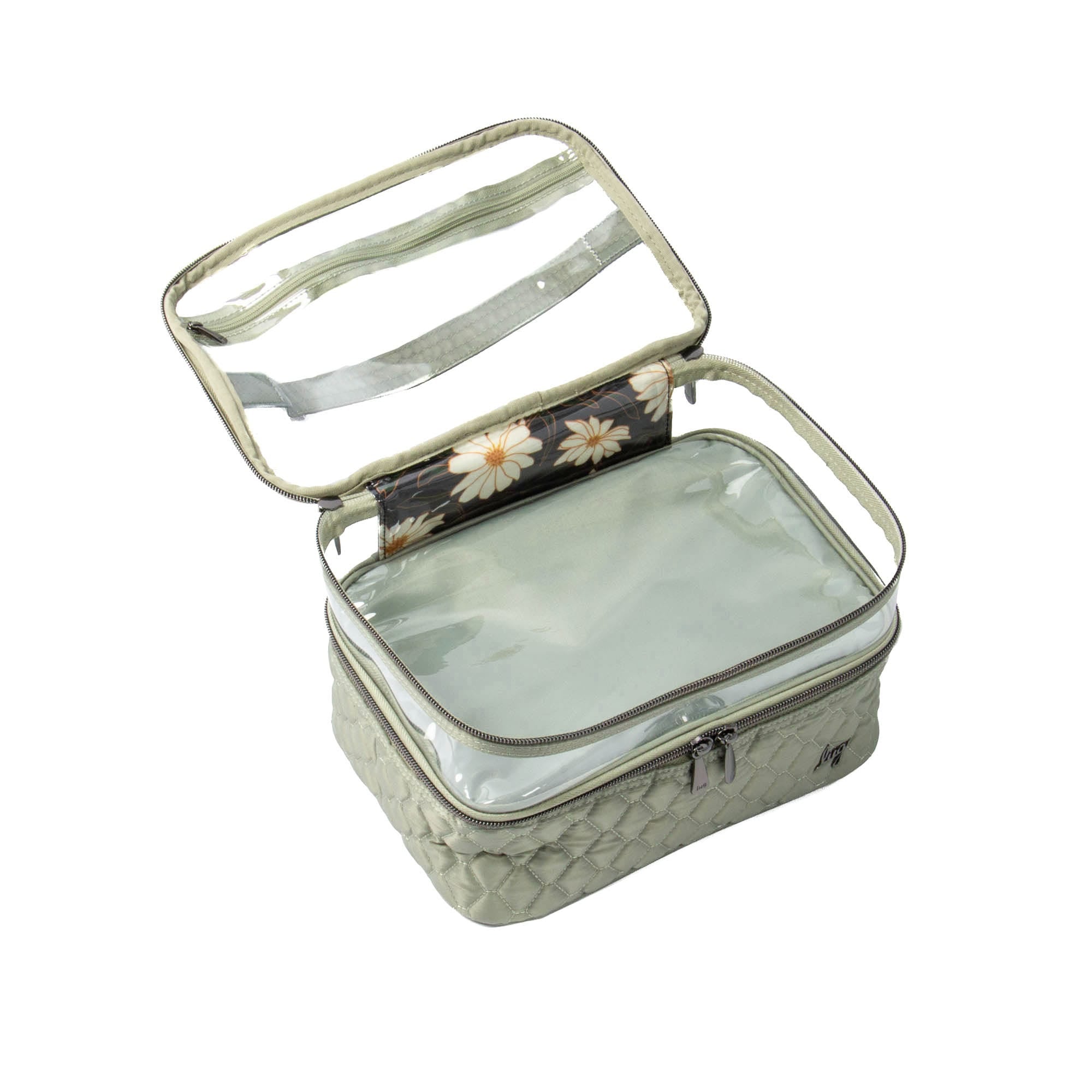 Sage green Whoosh Clearview cosmetic case by Lug with transparent compartments and zipper closure for makeup storage.