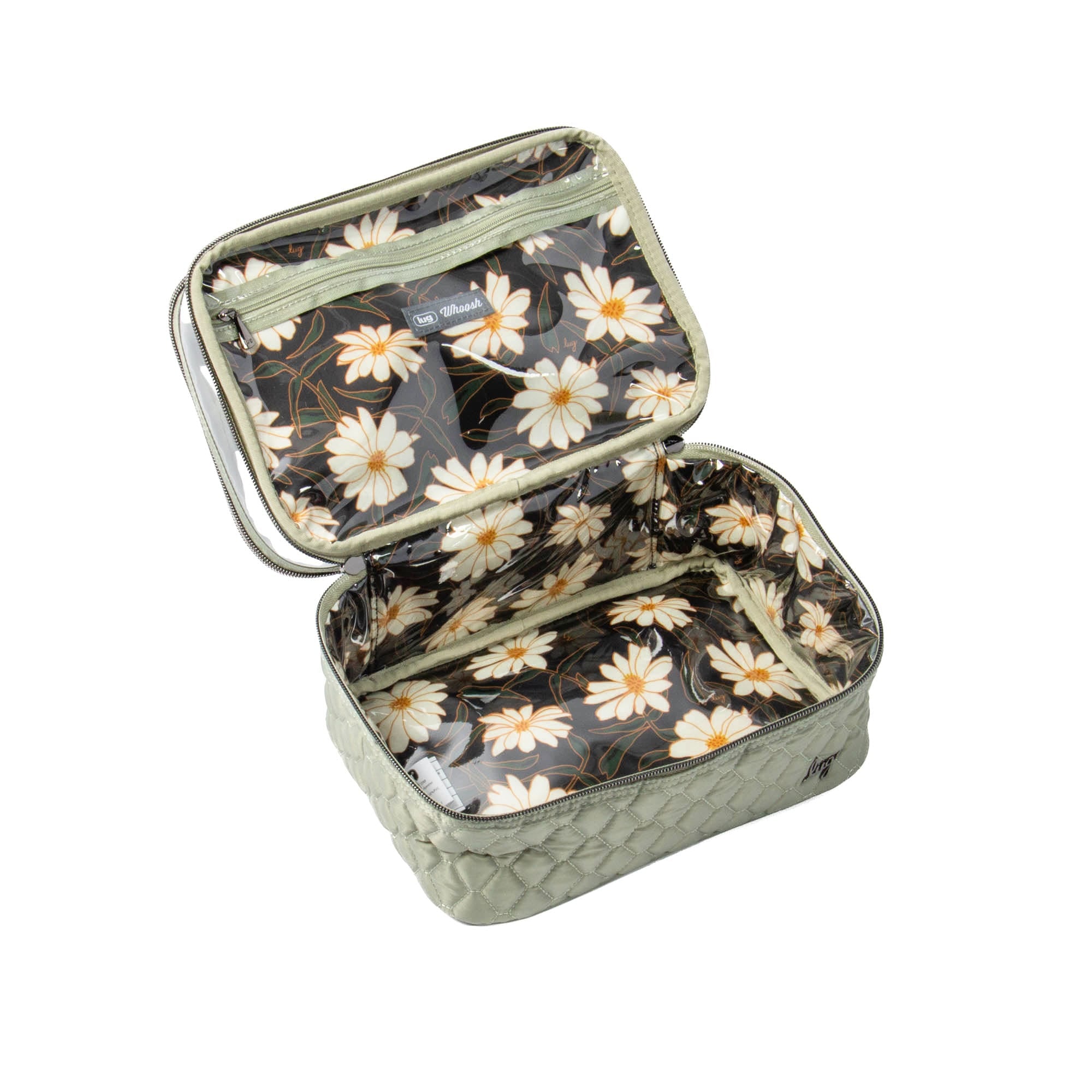 Sage green Whoosh Clearview cosmetic case by Lug with transparent compartments and zipper closure for organized makeup storage.