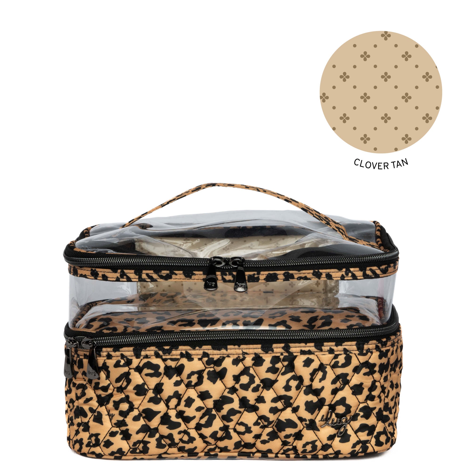 Lug Whoosh Clearview cosmetic case with spotted leopard pattern, transparent design, and multiple compartments for makeup storage.