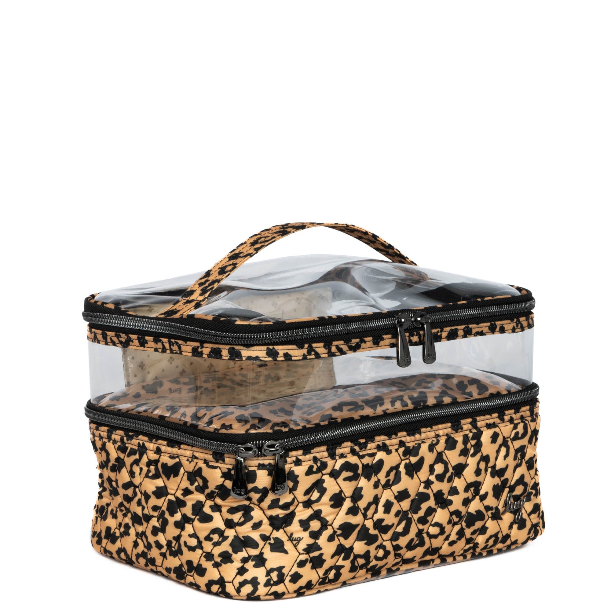 Lug Whoosh Clearview cosmetic case with spotted leopard pattern, transparent design, and multiple compartments for makeup organization.