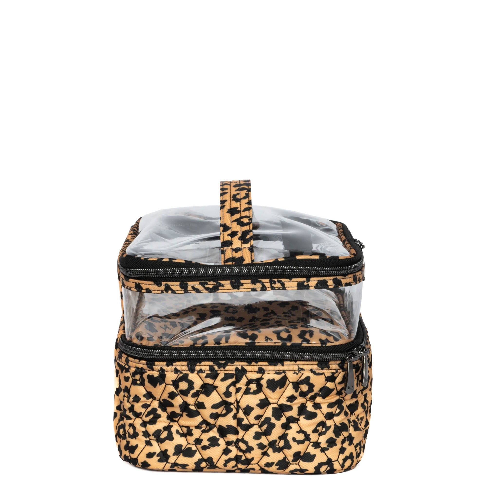 Lug Whoosh Clearview cosmetic case with spotted leopard pattern, transparent design, and multiple compartments for makeup storage.