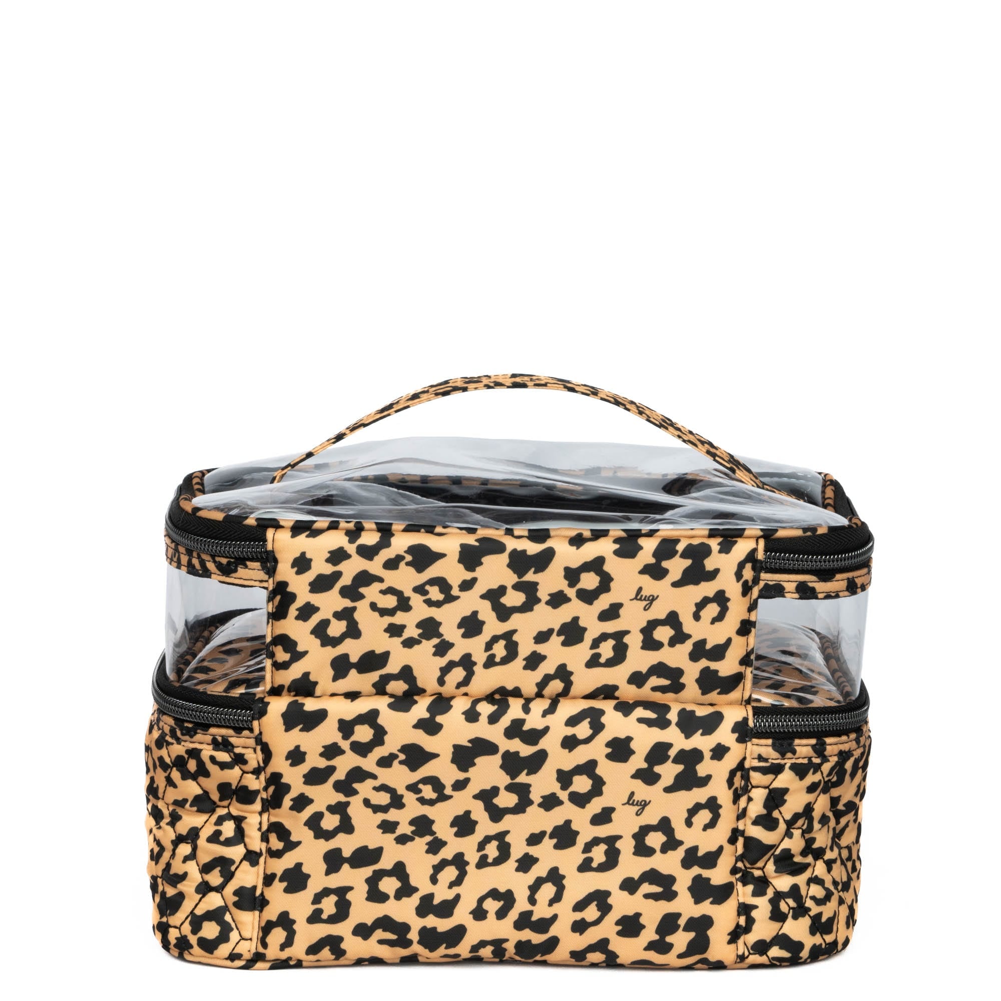 Lug Whoosh Clearview cosmetic case with spotted leopard pattern, transparent design for storing makeup and beauty essentials.