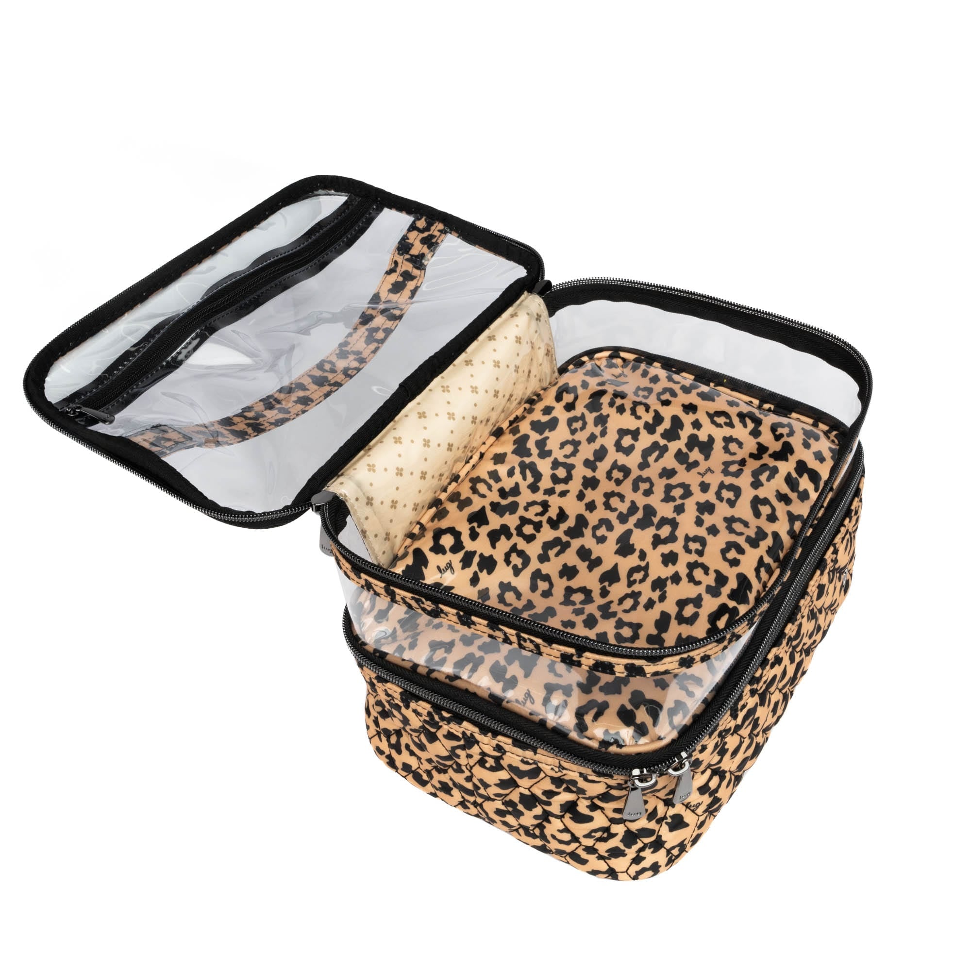 Whoosh Clearview cosmetic case by Lug with spotted leopard pattern, transparent design, and multiple compartments for beauty essentials.